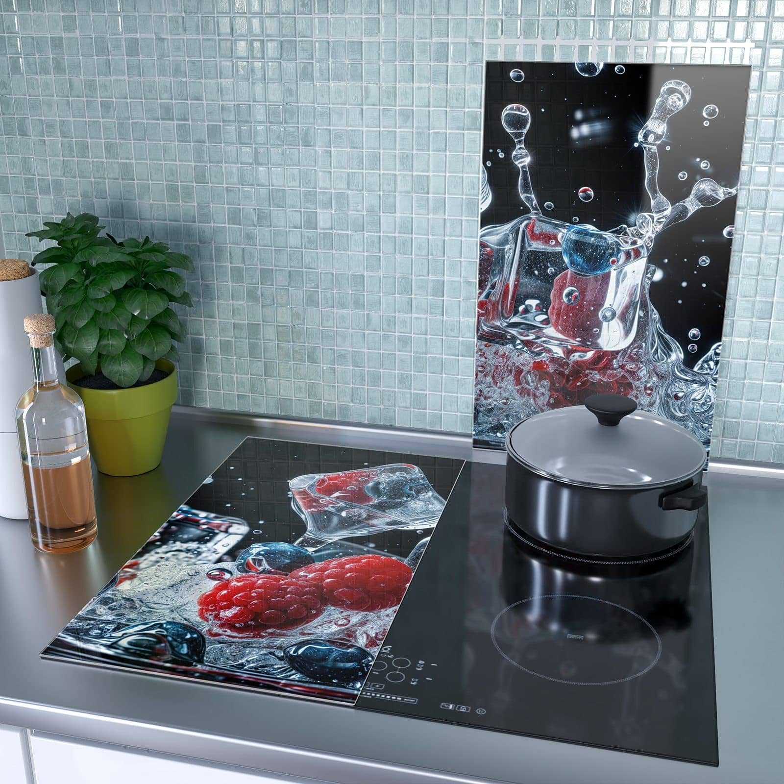 Primedeco Herd-Abdeckplatte Herdabdeckplatte Spritzschutz aus Glas Beeren Eiswürfel, Glas, (2 tlg) – Bild 3 von 5