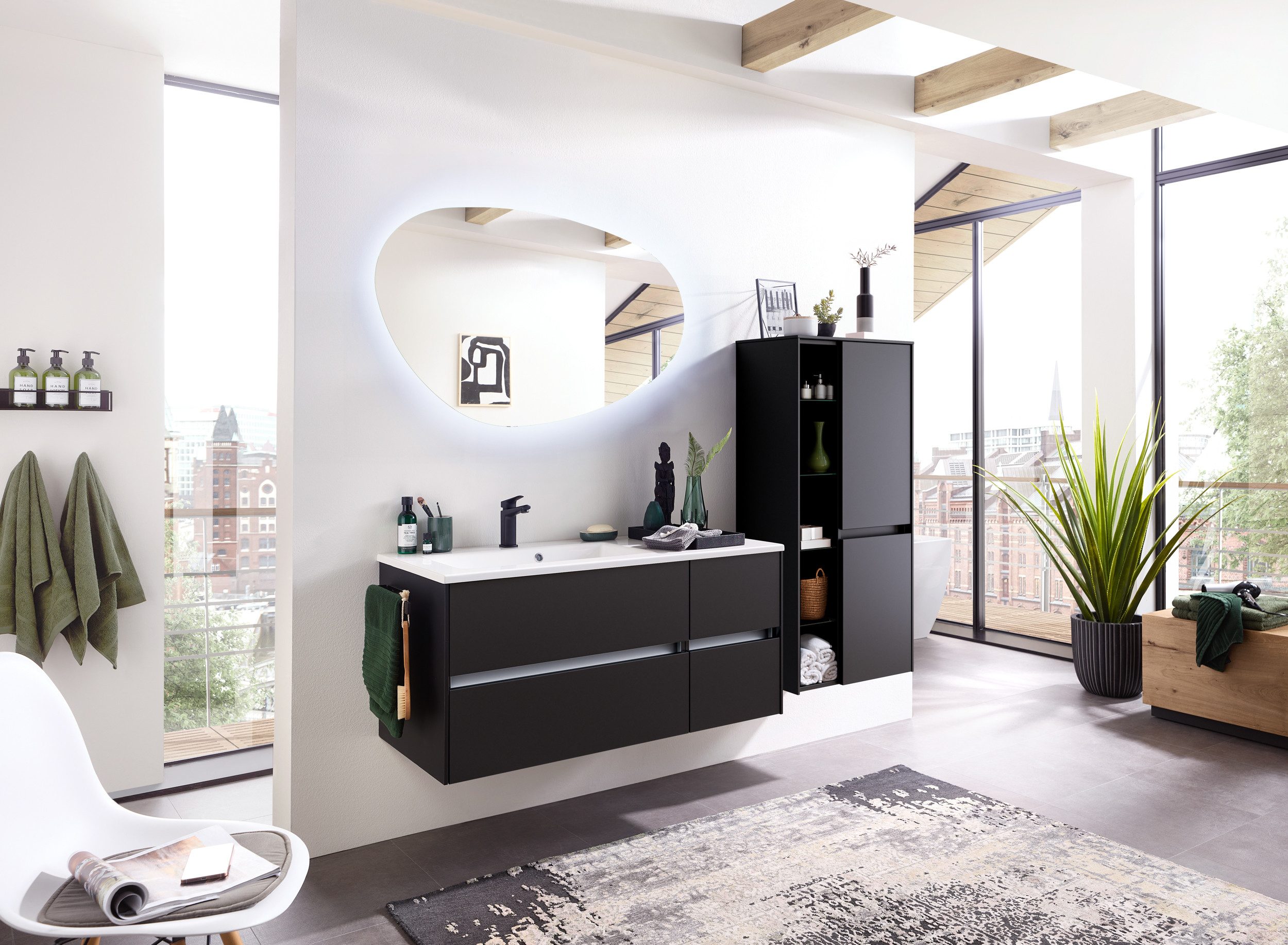 Saphir Waschtisch Solid-Surface-Waschtisch mit Unterschrank Serie 6010,vormontiert,113cm (2-St), Waschplatz, 4 Schubladen, LED-Beleuchtung, Badmöbel Set mit Waschtisch