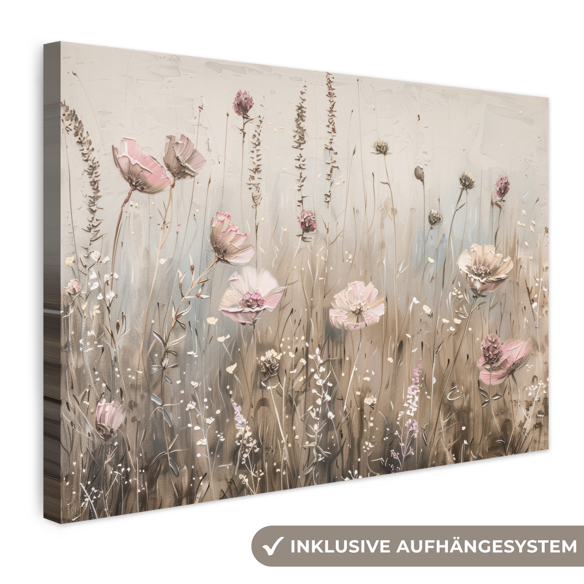 OneMillionCanvasses® Leinwandbild Blumen - Rosa - Modern - Beige, Fotodruck (1 St), Leinwand Bilder Klein, Wand Dekoration Aesthetic 30x20 cm