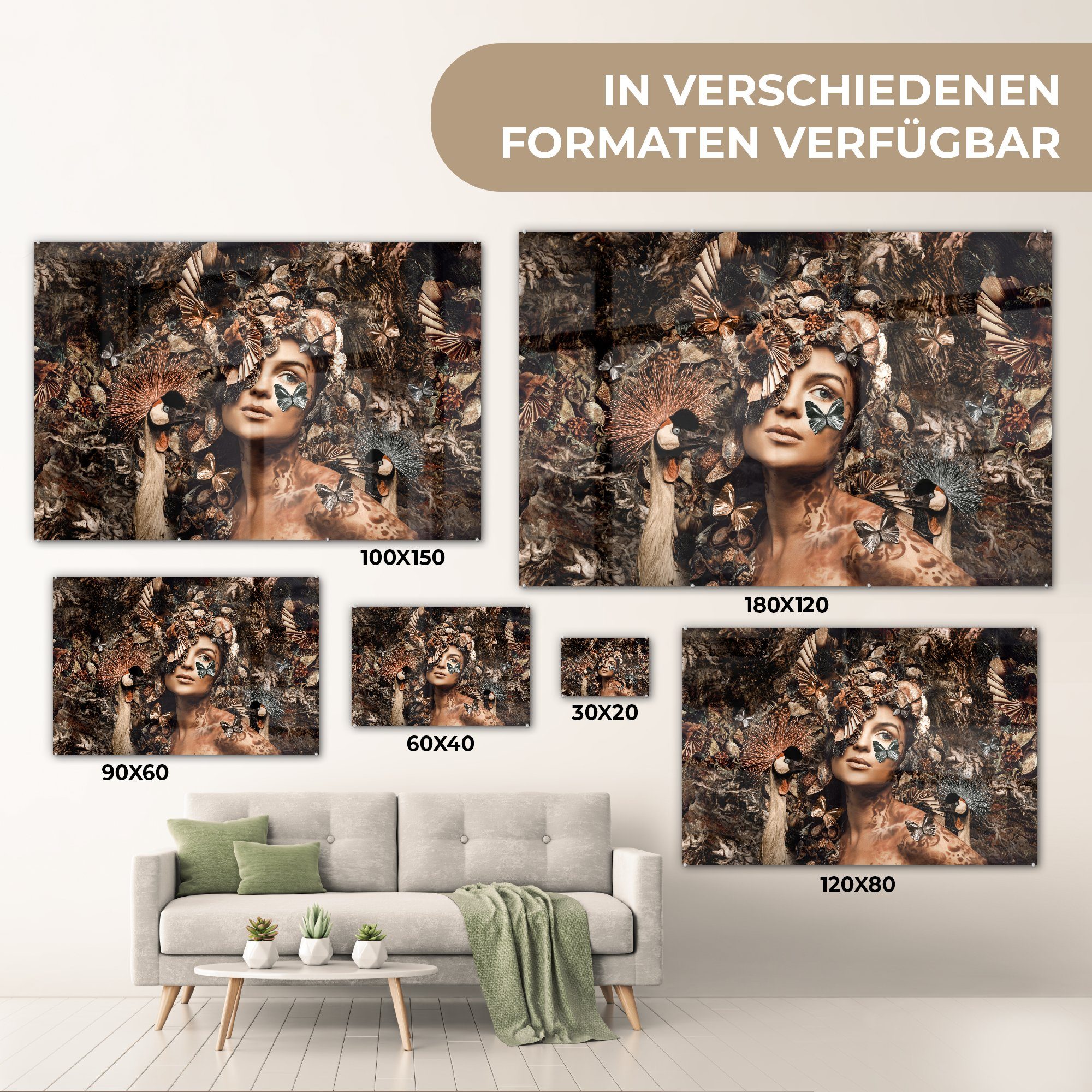 MuchoWow St), - bunt - Glasbilder Glas Bilder - Frau auf Glas (1 Wandbild Vögel, - Tiere Tiere - - - Acrylglasbild - Luxus Wanddekoration Frau Schmetterlinge auf Foto