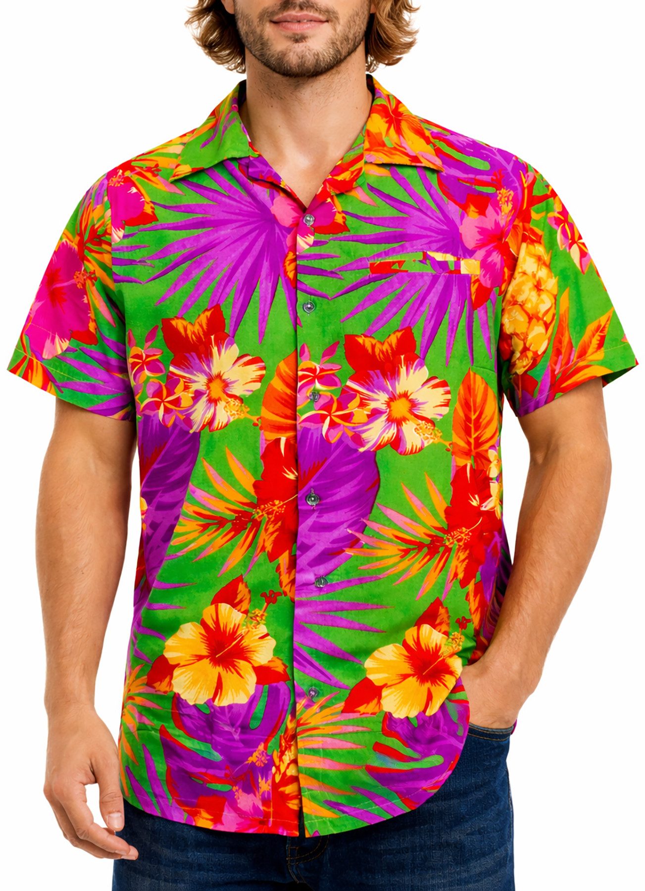 King Kameha Hawaiihemd "Pineapple" Funky Hawaii-Hemd Herren Kurzarm Front-Tasche Stylish