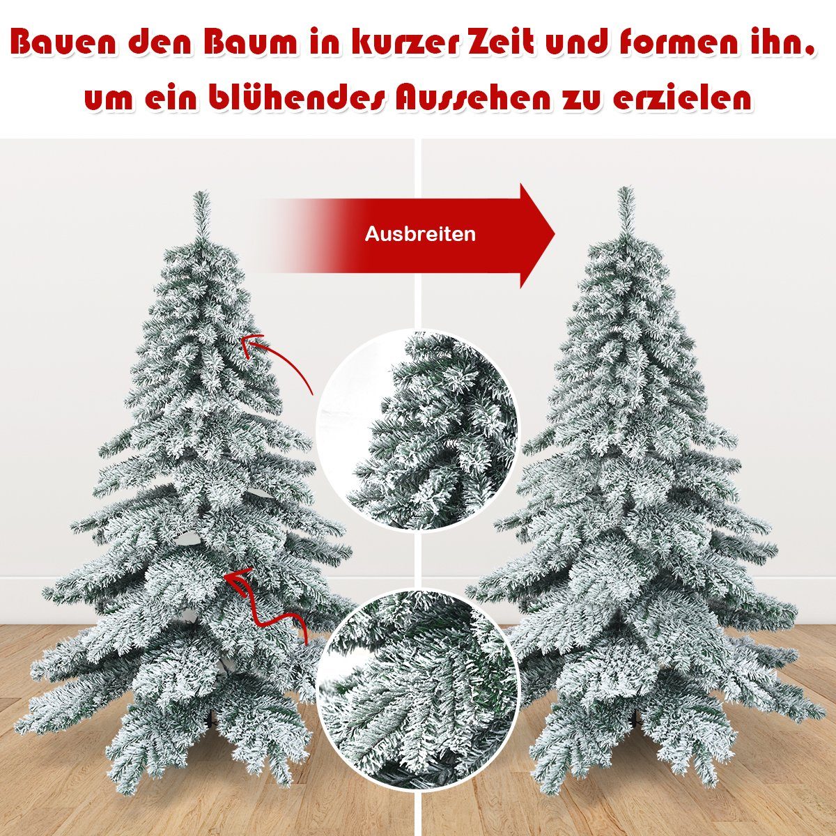 COSTWAY Künstlicher Weihnachtsbaum, 657 PVC Spitzen mit Schnee, Metallständer