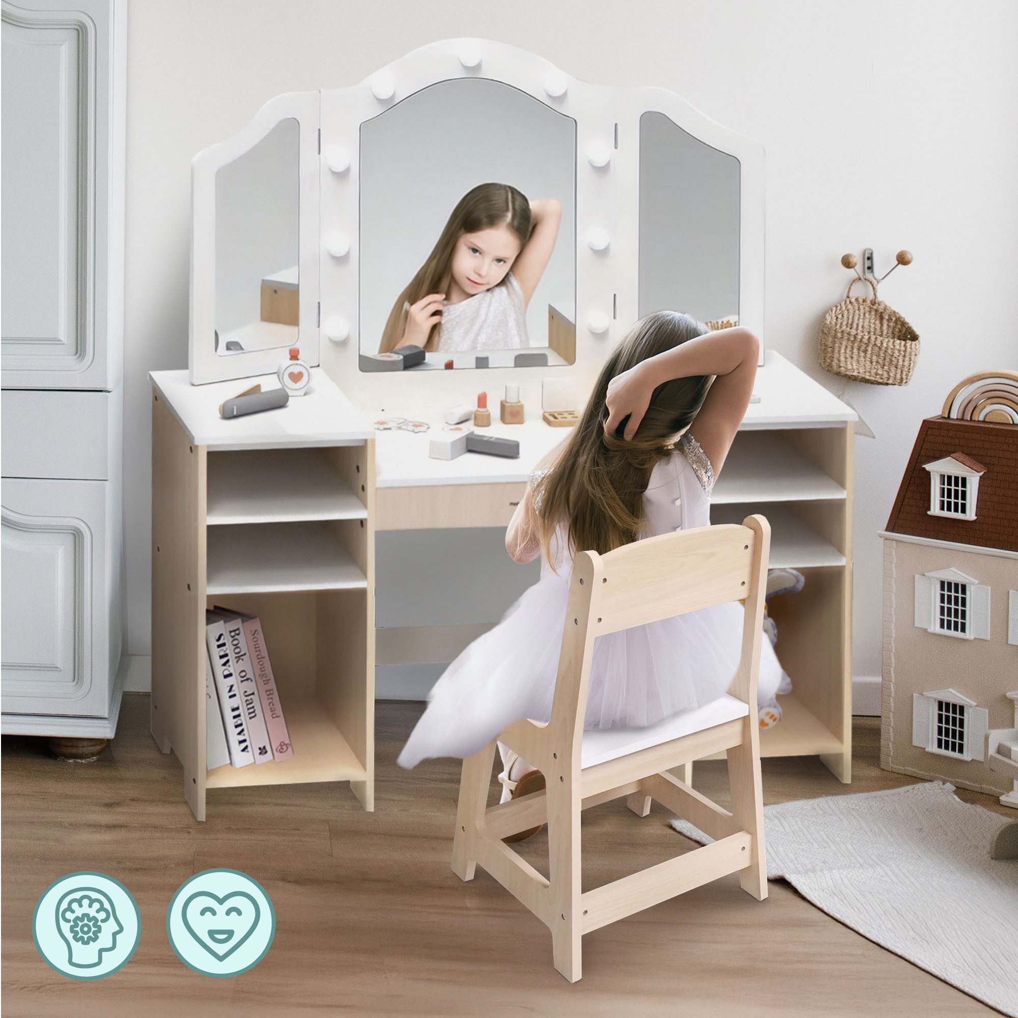 Mamabrum Schminktisch 2in1 Kinder-Schminktisch– LED-Licht, Spiegel & Stuhl, inkl. Zubehör