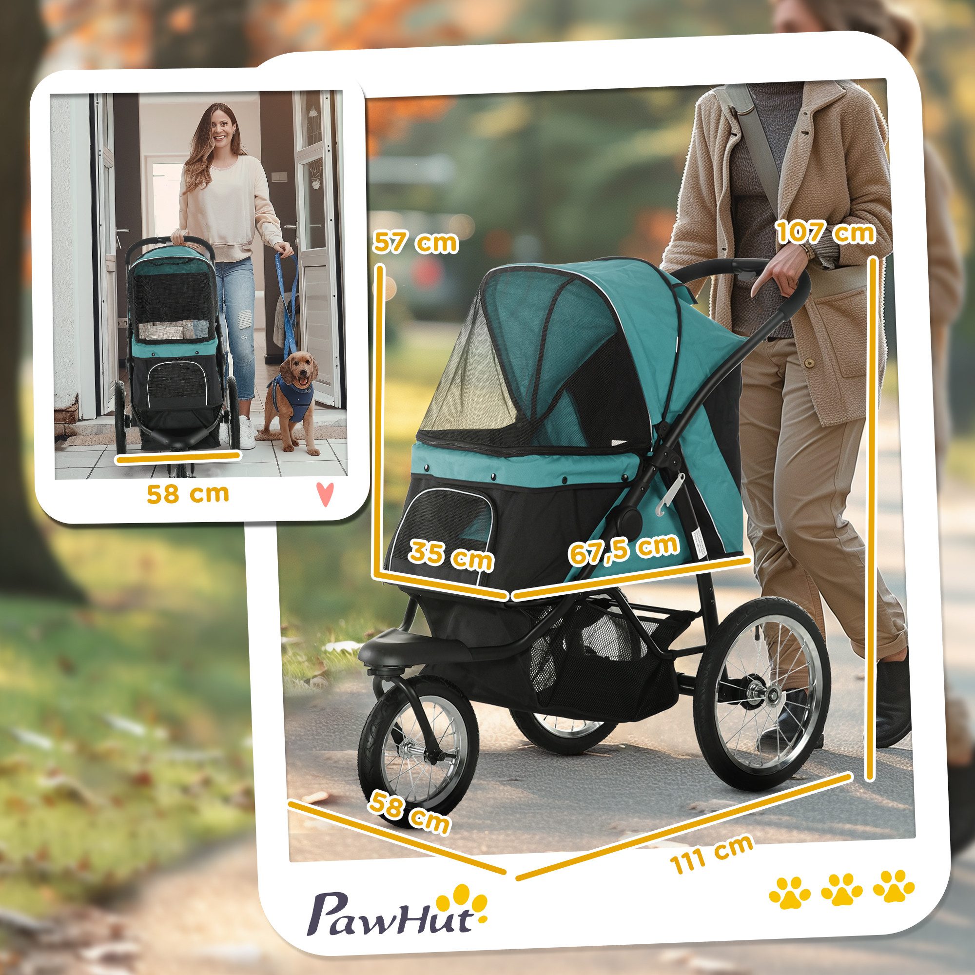 PawHut Hundebuggy Katzenwagen mit geländegängige Gummiräder Kissen Buggy, (Hundewagen, 1-tlg), für Hunde & Katzen bis 20 kg, Dunkelgrün