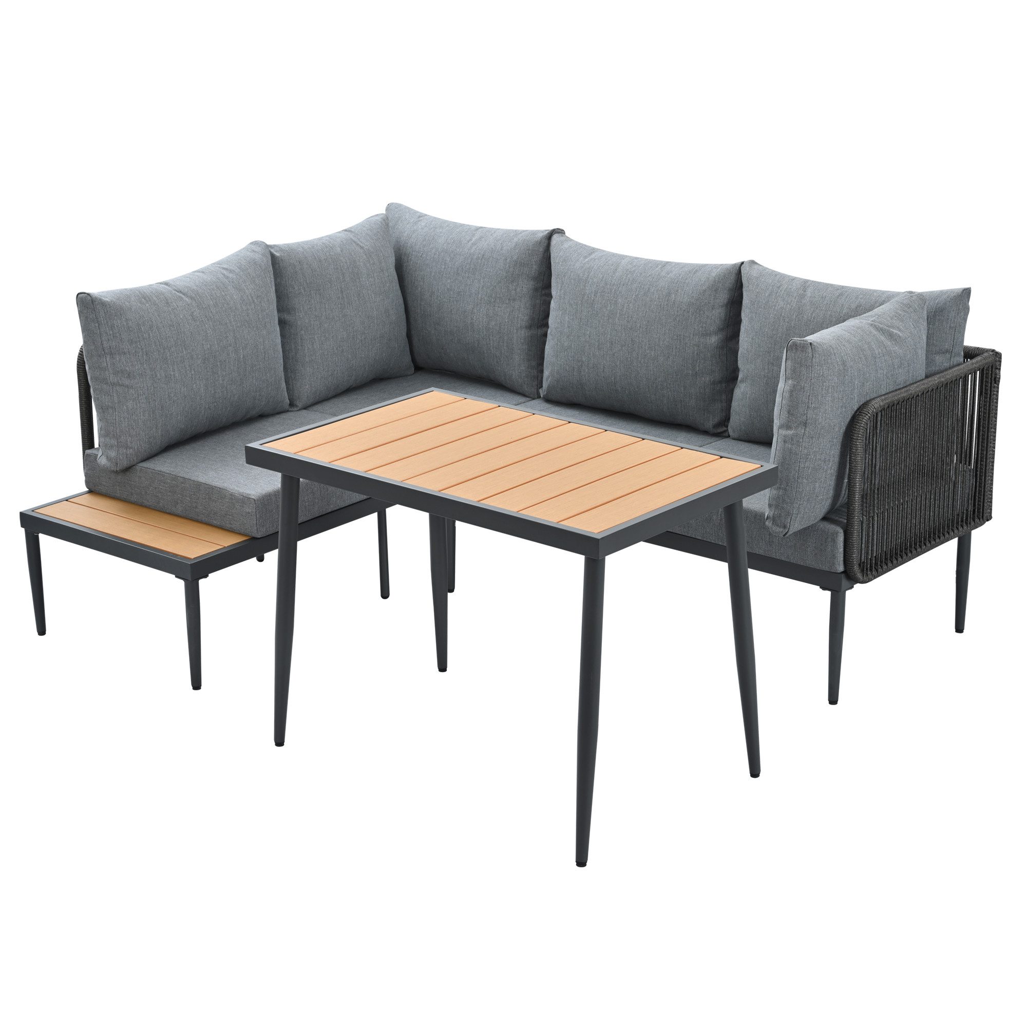 BBWL Gartenlounge-Set mit Esstisch, verzinkter Stahlrahmen, Kunststoffholz Tischplatte, Gartenmöbel Essgruppe Ecksofa Set, wetterfest grau