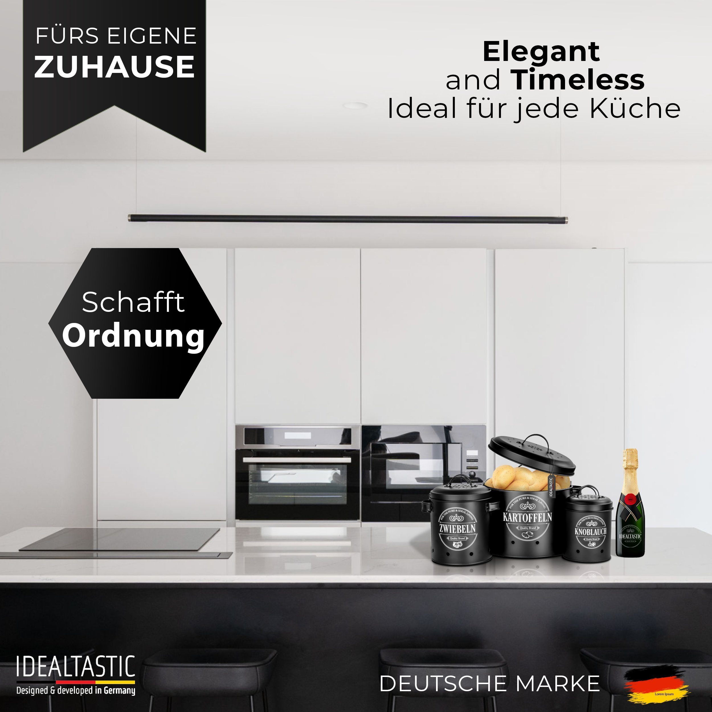 IDEALTASTIC Vorratsdose Premium Kartoffel Aufbewahrung, Zwiebel, Knoblauch Aufbewahrungsbox, Legirter Stahl, langlebig, Extra leicht, (Set, 3-tlg., 3-teiliges S – Bild 4 von 5