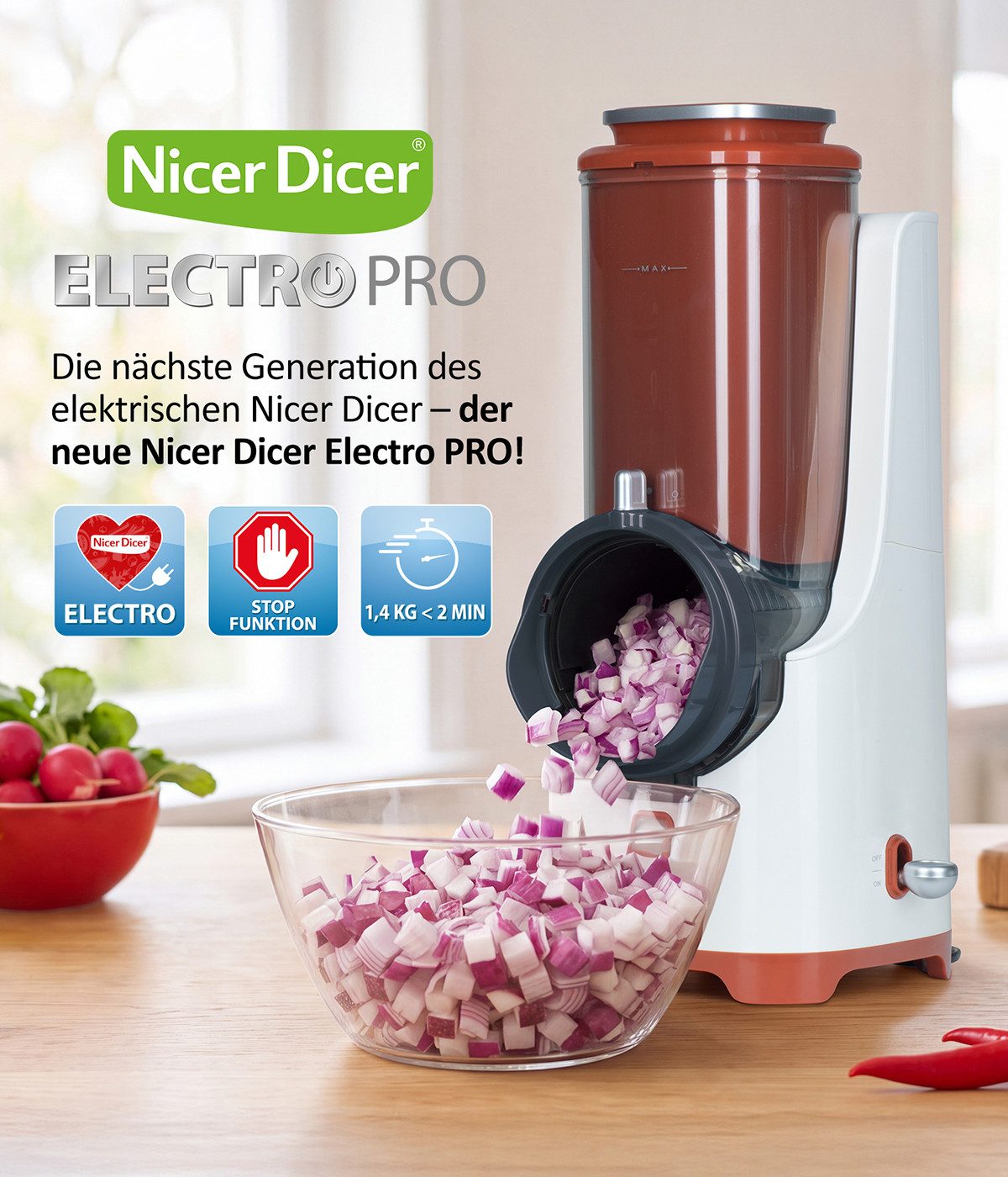 Genius Gemüseschneider Nicer Dicer Electro PRO Set 32-tlg., terracotta, Gemüseschneider, 80 W, Präzise und gleichmäßige Ergebnisse in Sekundenschnelle – Bild 4 von 5