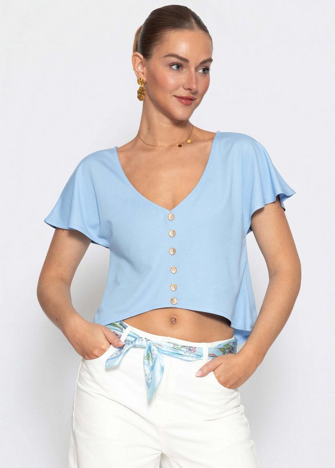 SASSYCLASSY Trägertop Crop Shirt mit Flügelärmel für Damen Schlichtes Top mit V-Ausschnitt und Knopfleiste in lockerer Optik