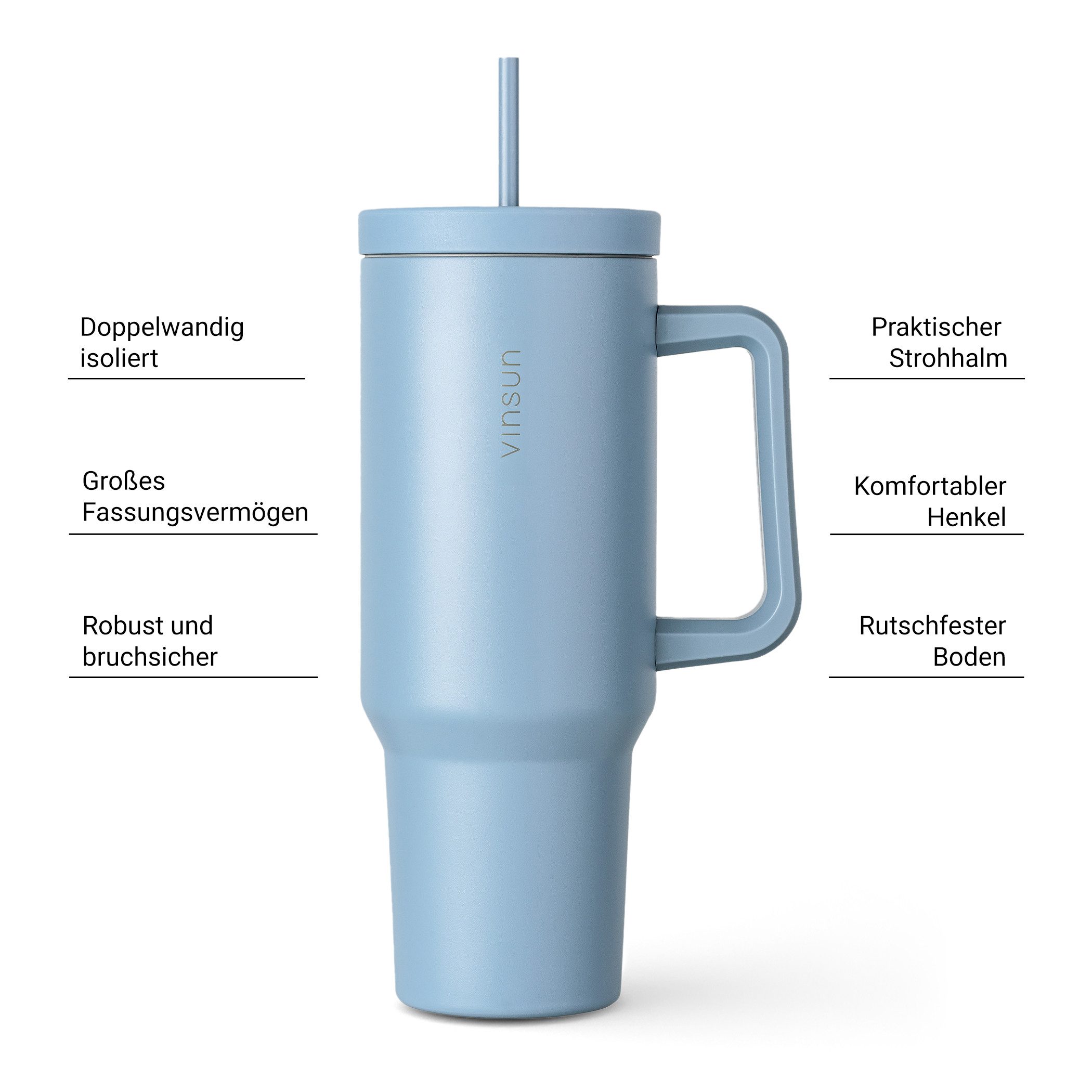 Vinsun Thermobecher Edelstahl Tumbler 1200ml 40oz - Isolierbecher mit Strohhalm und Henkel, 5-tlg., Edelstahl, Doppelwandig isoliert, BPA frei, bruchfest, Kalt- und Heißgetränke