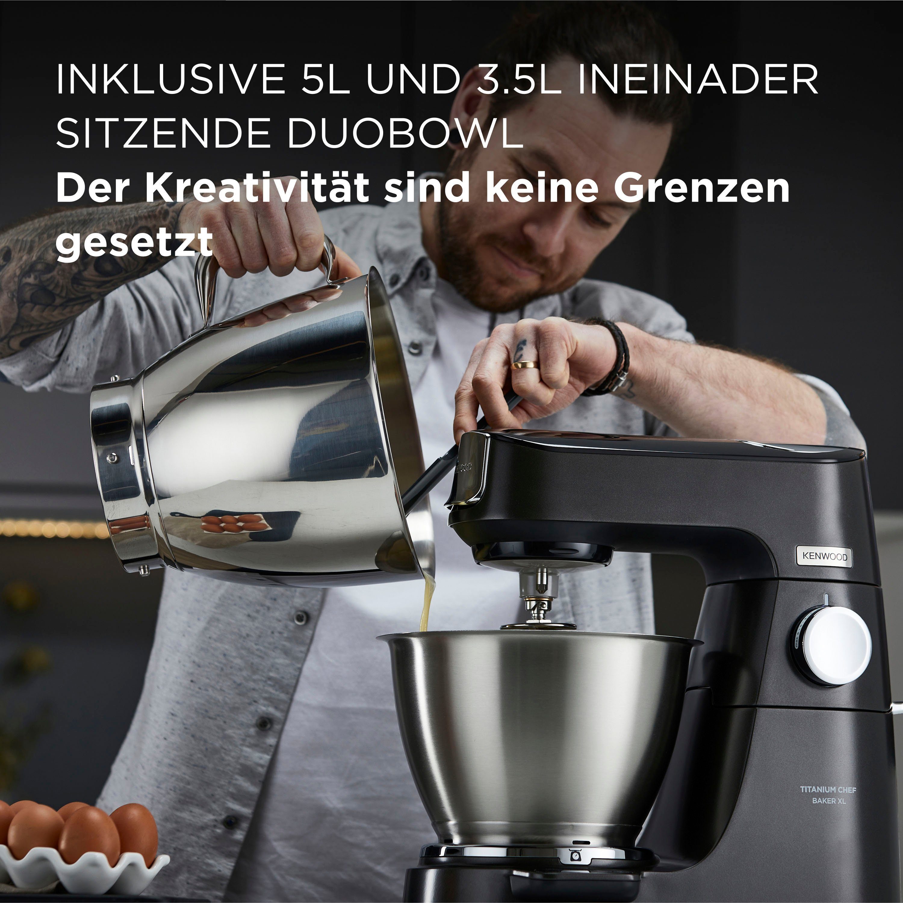 l 1200 UVP KVL85.004BK, Chef 7 Baker Mixaufsatz KAH359GL+Schnitzelwerk 319,-", KENWOOD AT340 Gratis Wert Zubehör, XL Schüssel, Küchenmaschine Gratis: Titanium W,