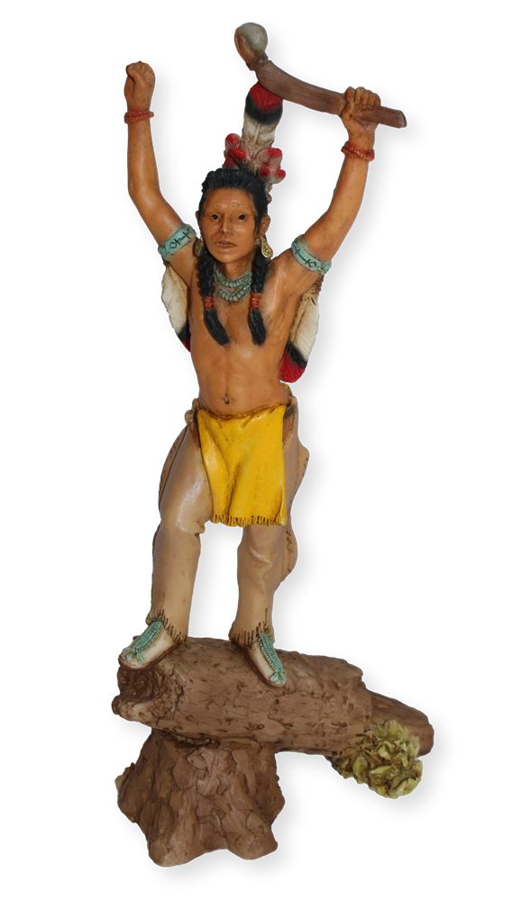 Castagna Dekofigur Dekofigur Native American Massasoit H 24 cm Wasamegin Gelbe Feder mit Kopfschmuck stehend auf Holzstamm Castagna