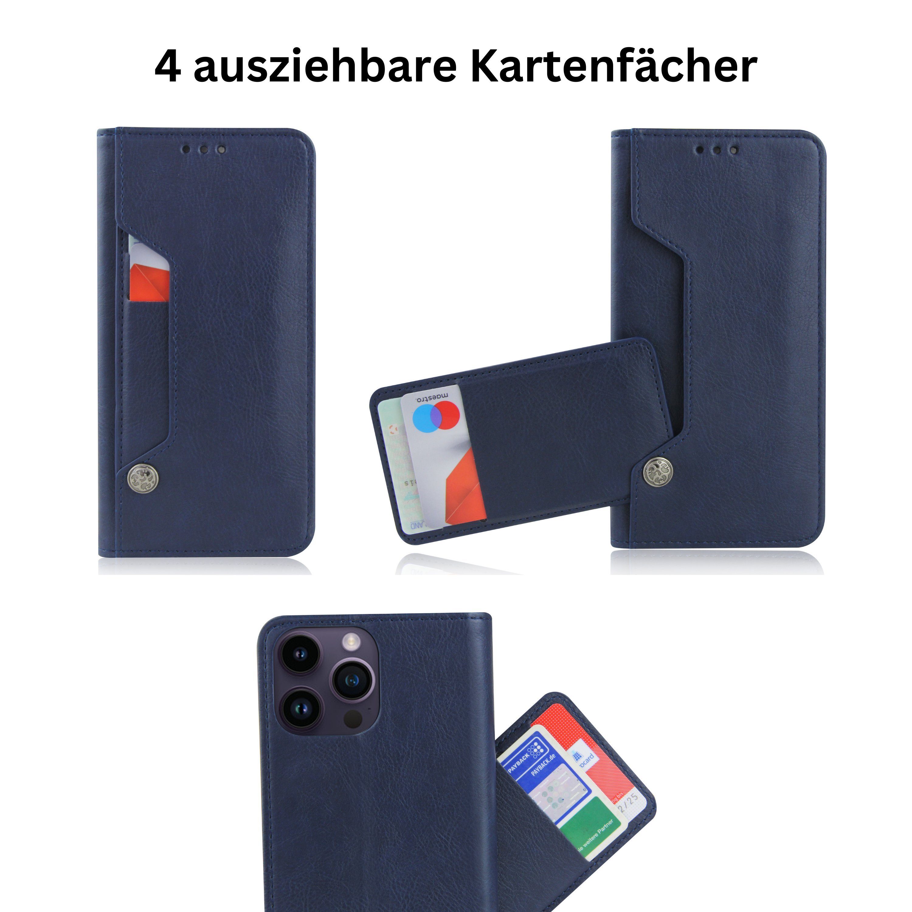 Frentree Handyhülle aus echtem Leder für iPhone 12, 13, 14, Magnetverschluss mit 4 Kartenfächern & 2 Sichtfenstern, Handy-Ständer