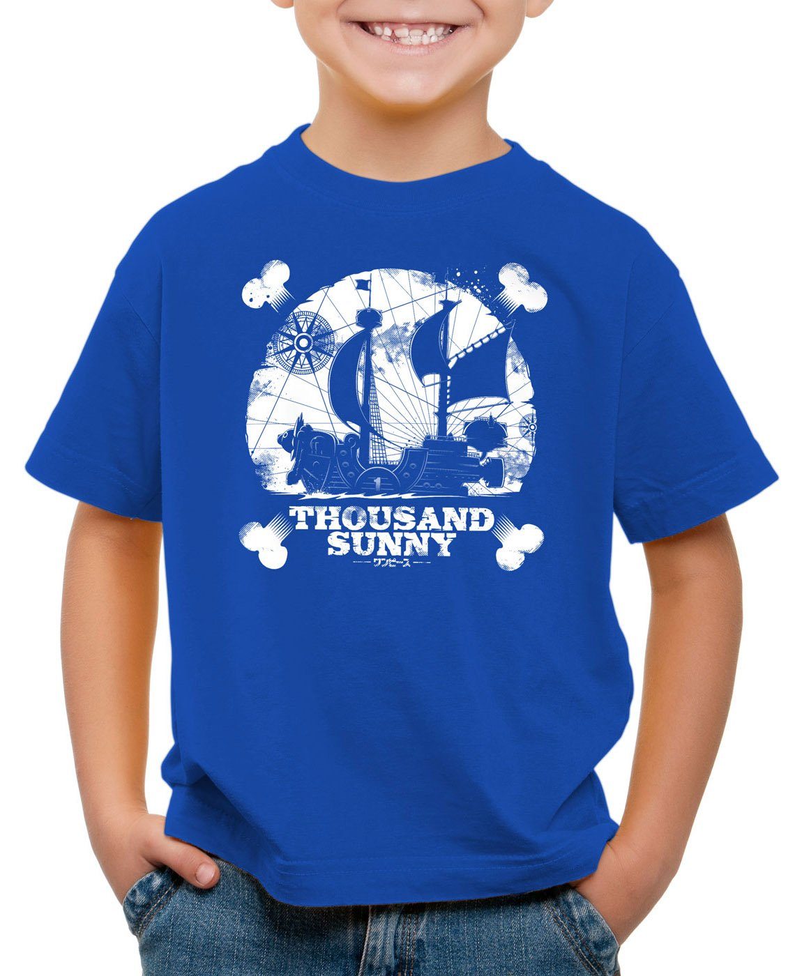 style3 Print-Shirt Kinder T-Shirt Thousand Sunny Emblem Strohhut Pirat blau