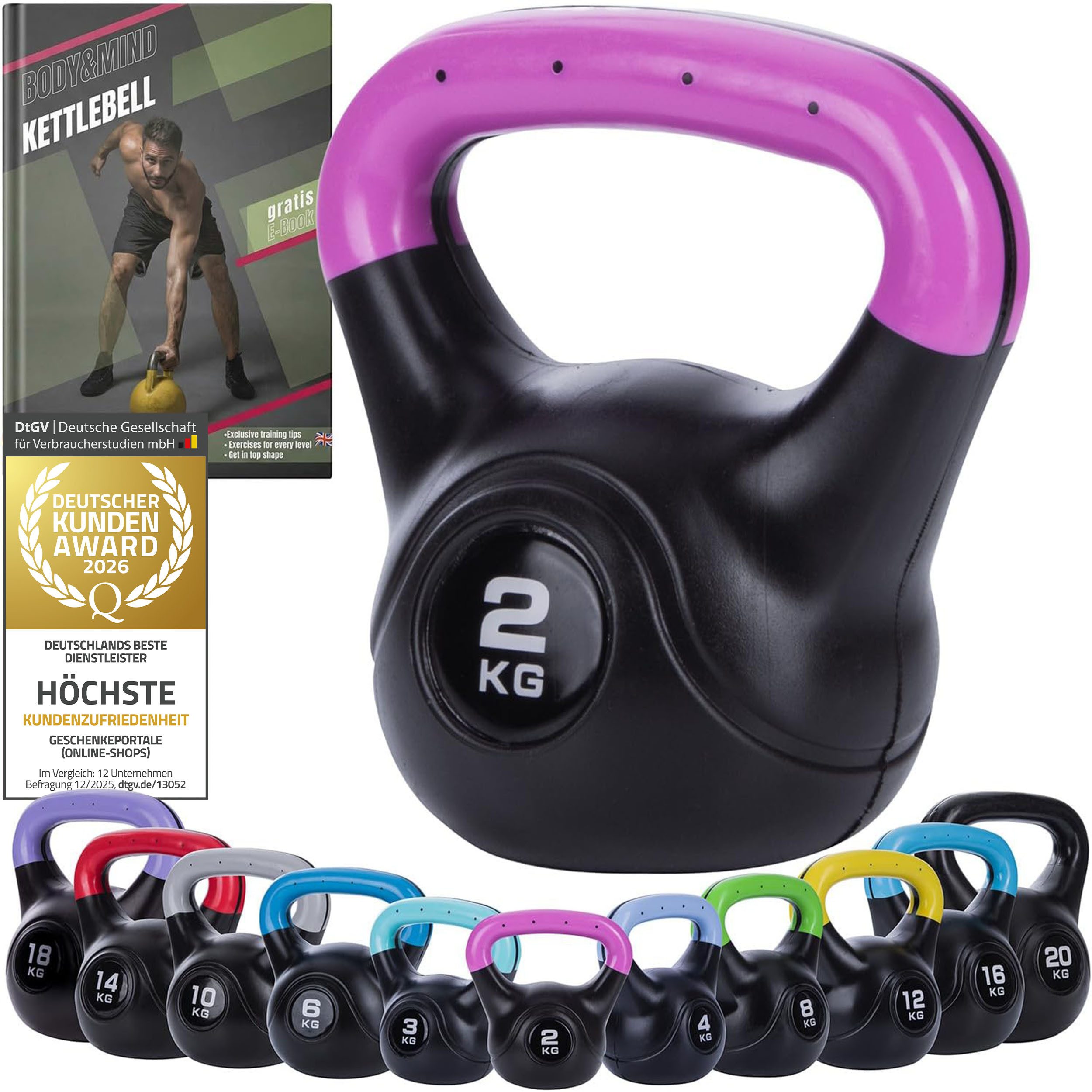 Body & Mind Kettlebell Body & Mind Kettlebell 2–20 kg – Profi Kettlebell mit Kunststoffmantel, (Profi Schwunghantel), Kraftraining Workout Gewicht (2 kg)