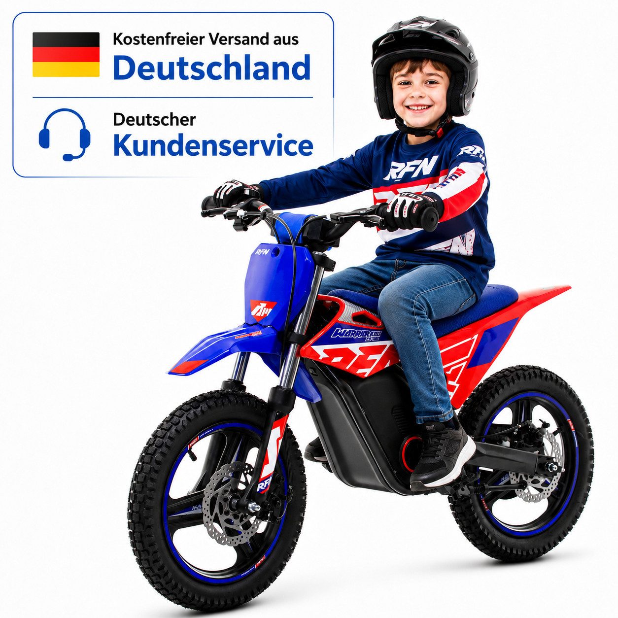RFN Elektro-Kindermotorrad Elektro-Kindermotorrad 12 Zoll, 250 W, 36 V, 3 Stufen bis 25 km/h, Mittelmotor,Wasserschutzklasse: IPX4,LED-Gasgriff,Nennleistung: 250 W