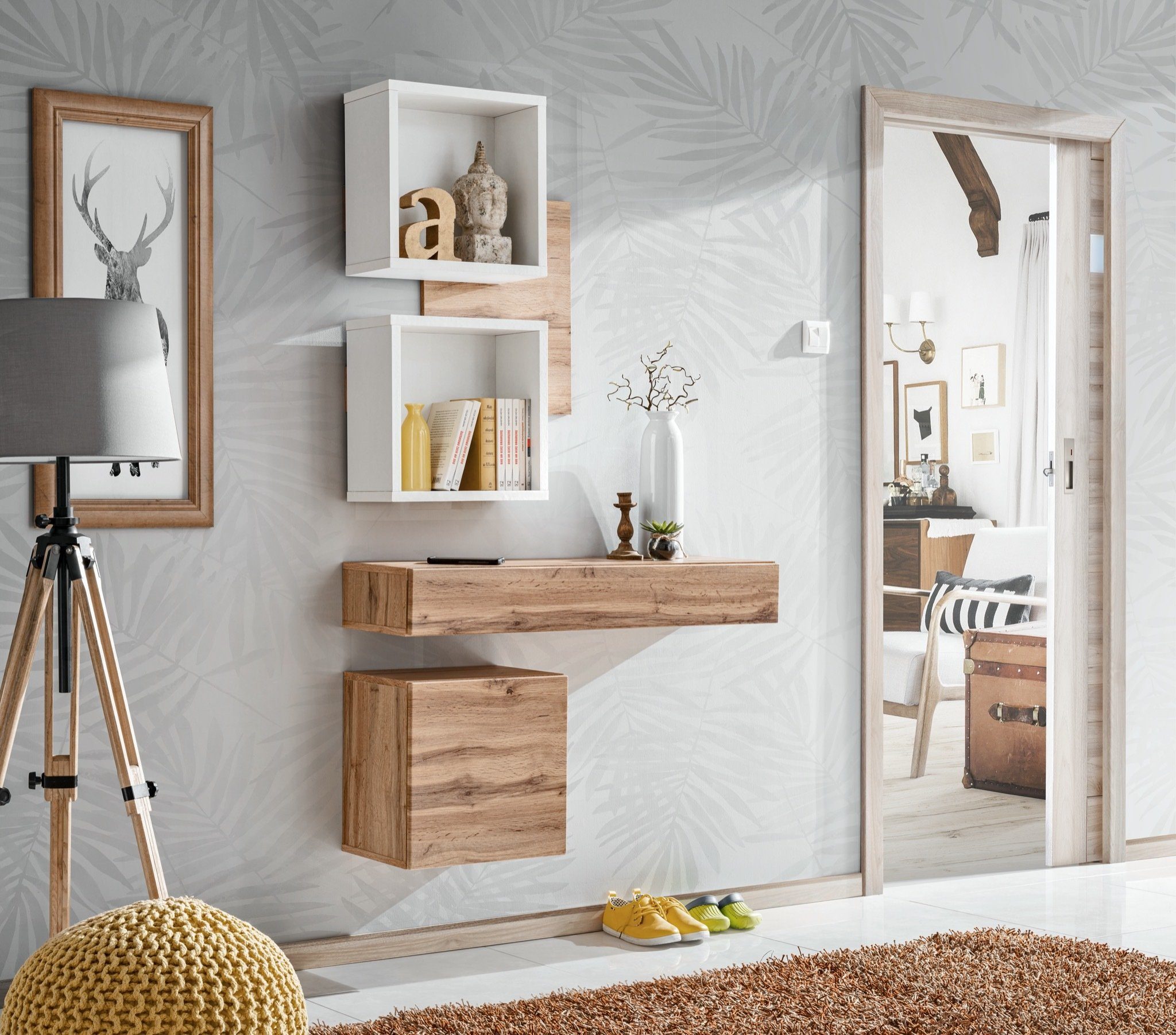 99rooms Wandregal Arno Wotan Eiche, Wandboard, Hängeregal, mit Schublade, viel Stauraum, Modern Design, aus Holzwerkstoff