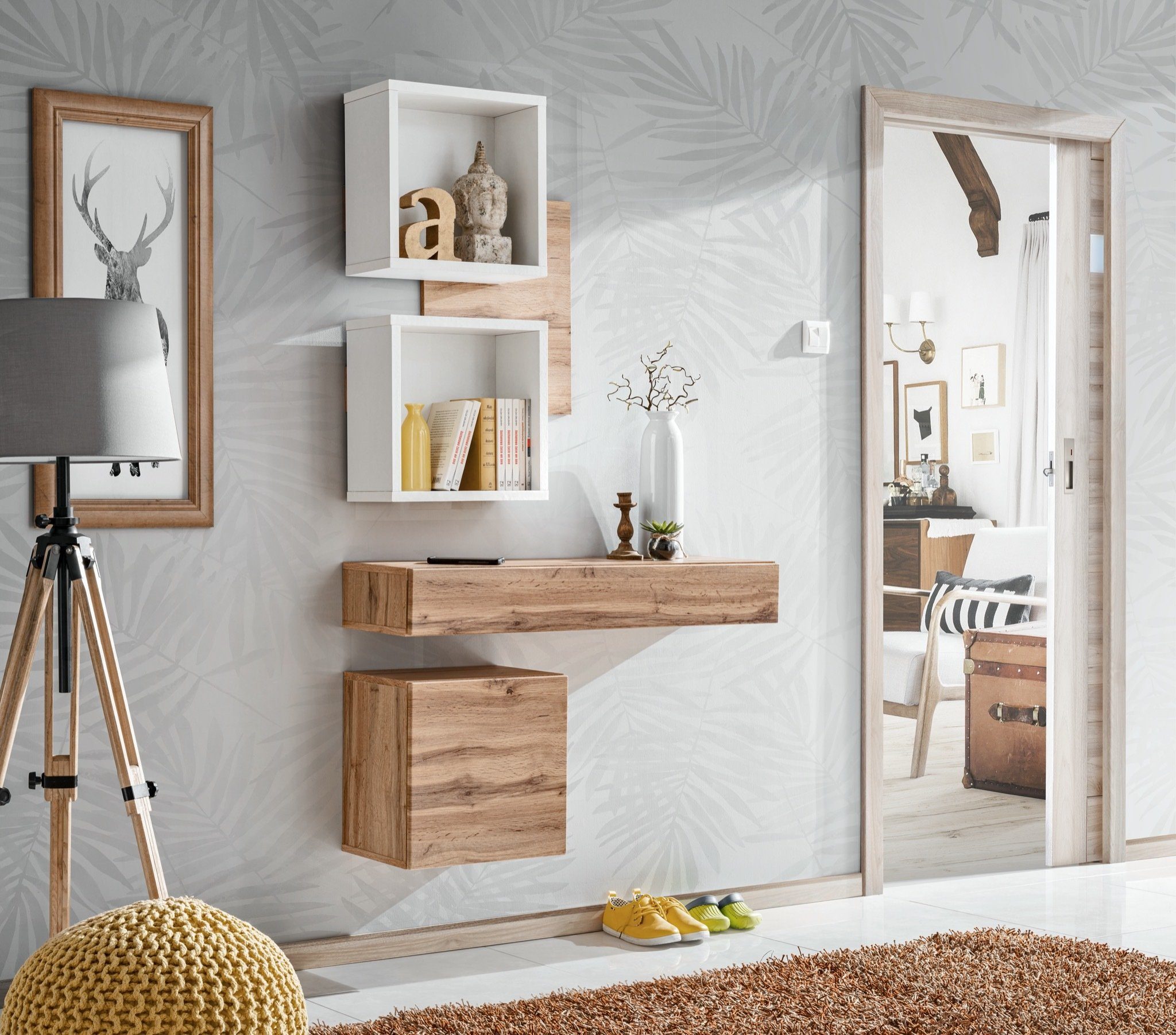 Stylefy Garderoben-Set Arno Wotan Eiche Weiß, (Wandgarderobe, Set (3-St),  bestehend aus 1xGarderobenpaneel, 1xSchuhschrank, 1xKommode, Modern Design,  aus Holzwerkstoff, mit viel Stauraum