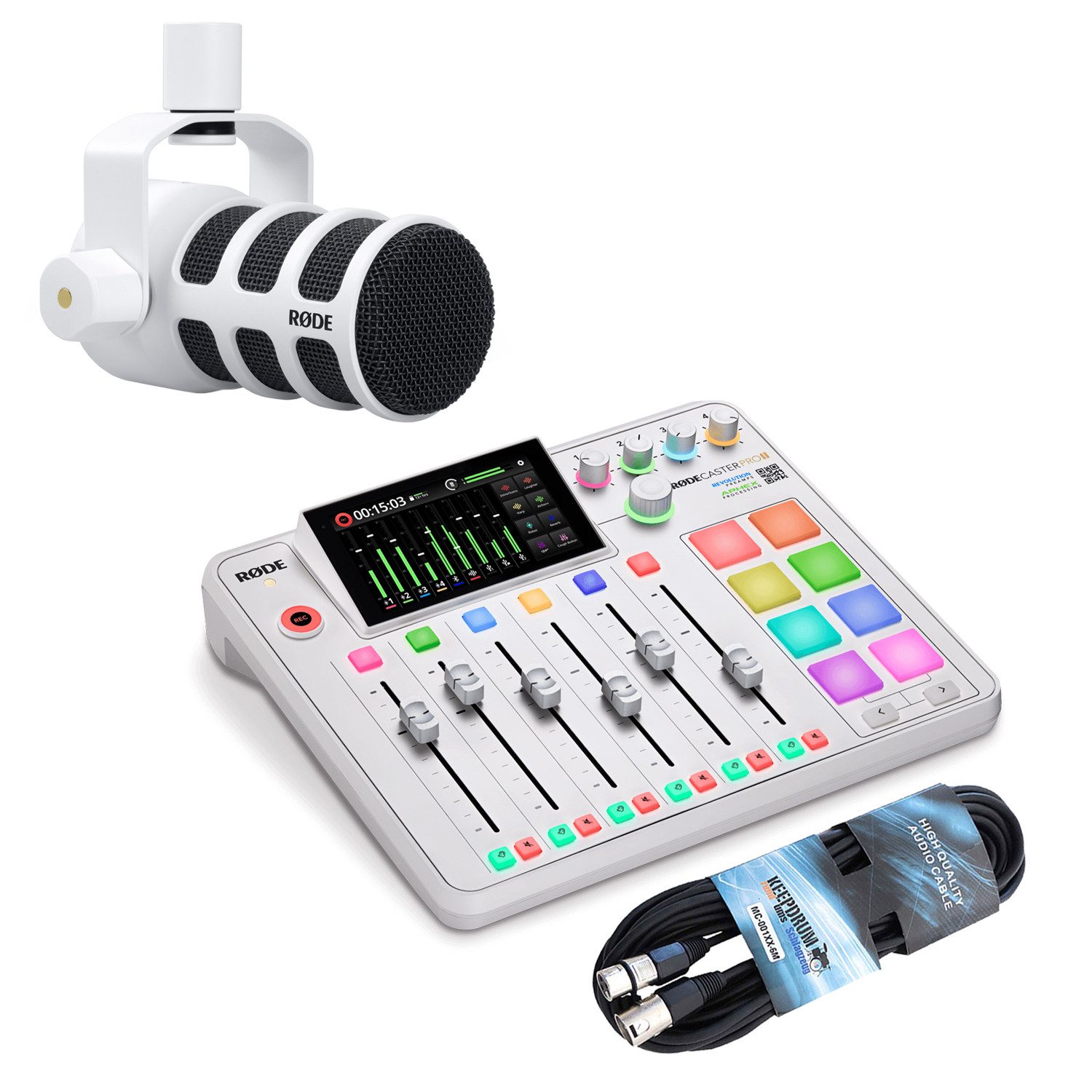 Rode Rodecaster Pro II Weiss mit Podmic Weiss und Kabel Digitales Aufnahmegerät