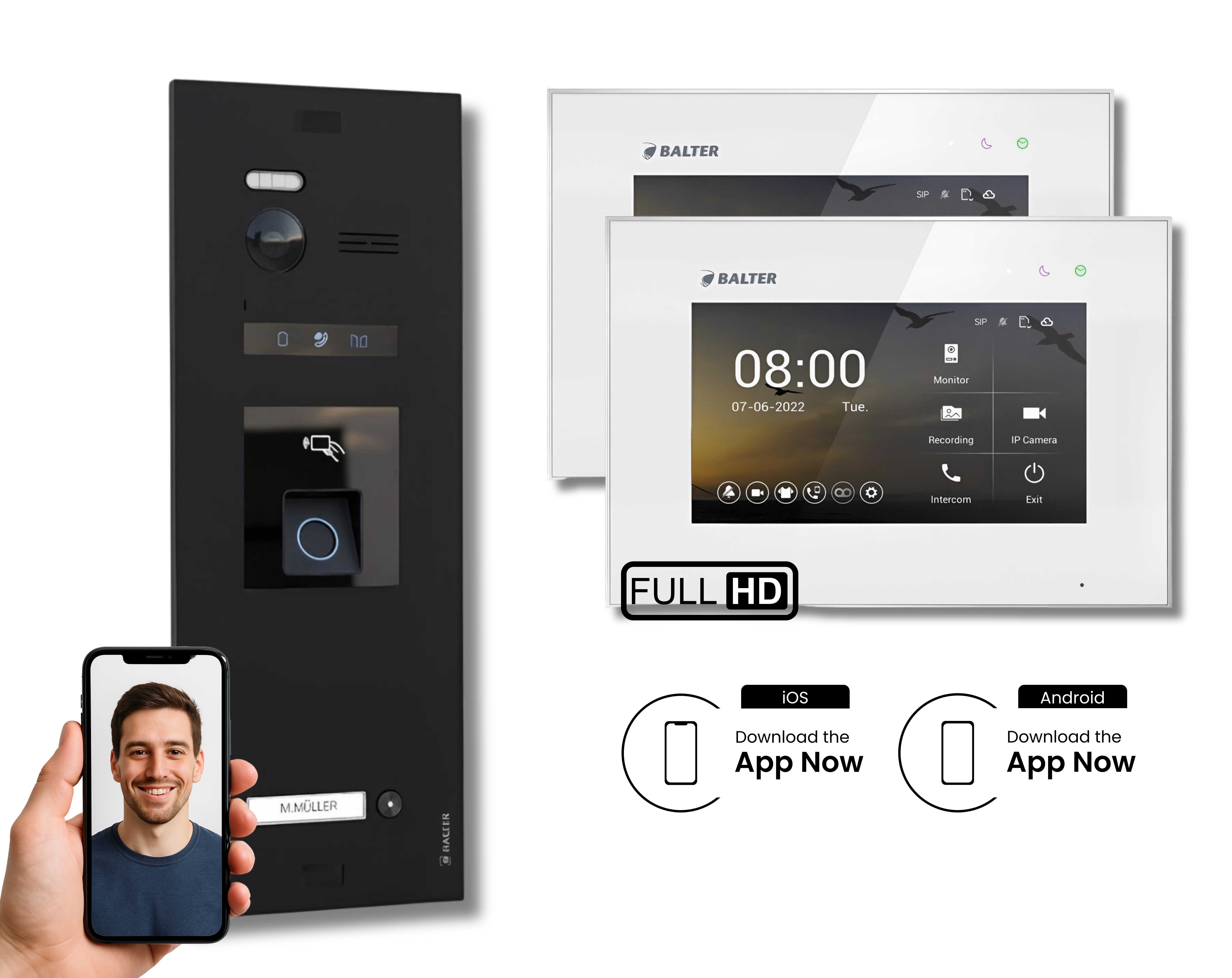 Balter Video-Türsprechanlage BALTER HD WLAN Türsprechanlage FP/RFID 1-Familienhaus Schwarz Weiß (Set, 1-Familienhaus, Komplettset, Full HD 175° Kamera, Fingerprint, RFID)
