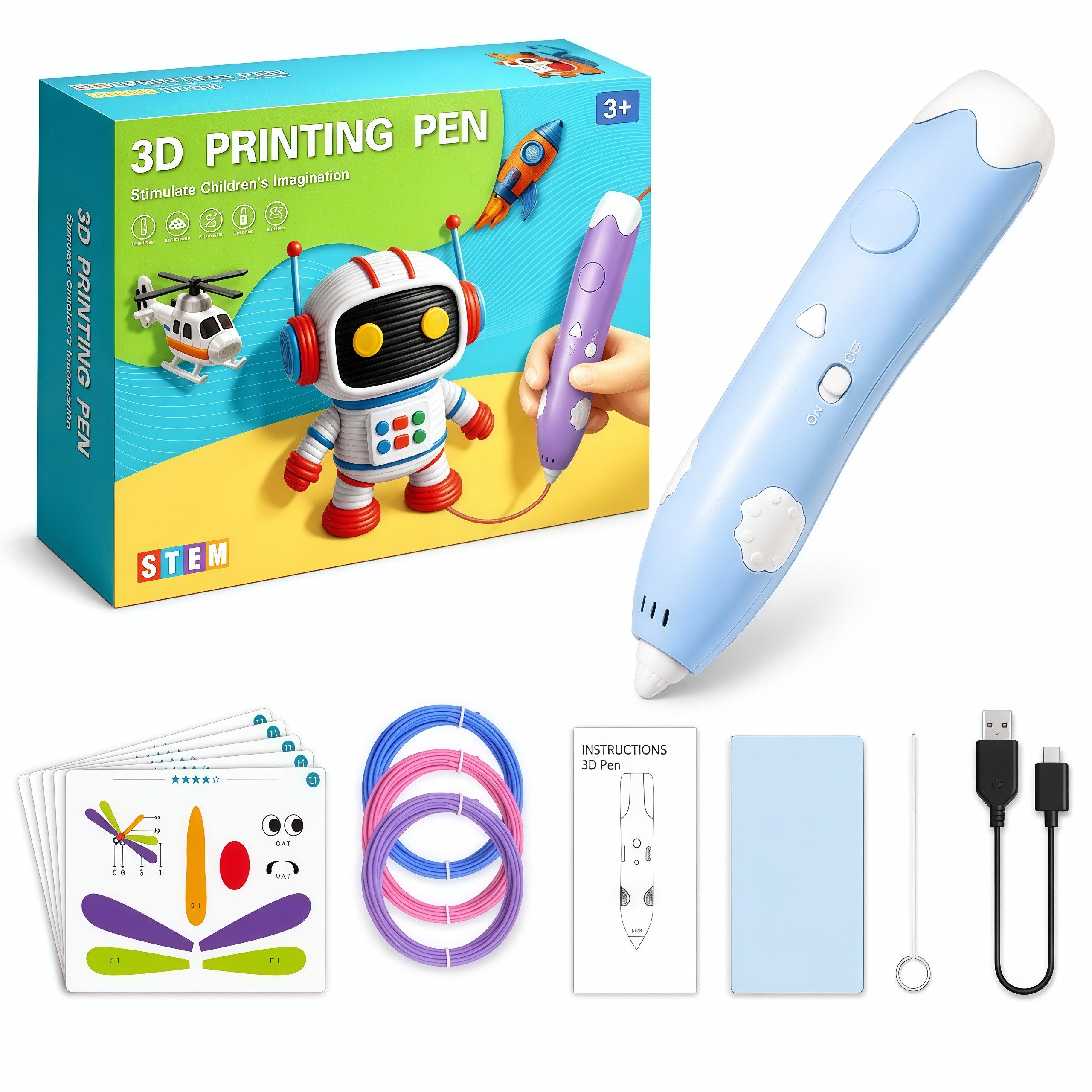 Fyrove 3D-Drucker 3D Druckstift Set für Kinder ab 3 Jahren, blauer 3D Stift mit PCL, Filamenten, Zeichenfolien, USB-Ladekabel und Zubehör, kreatives