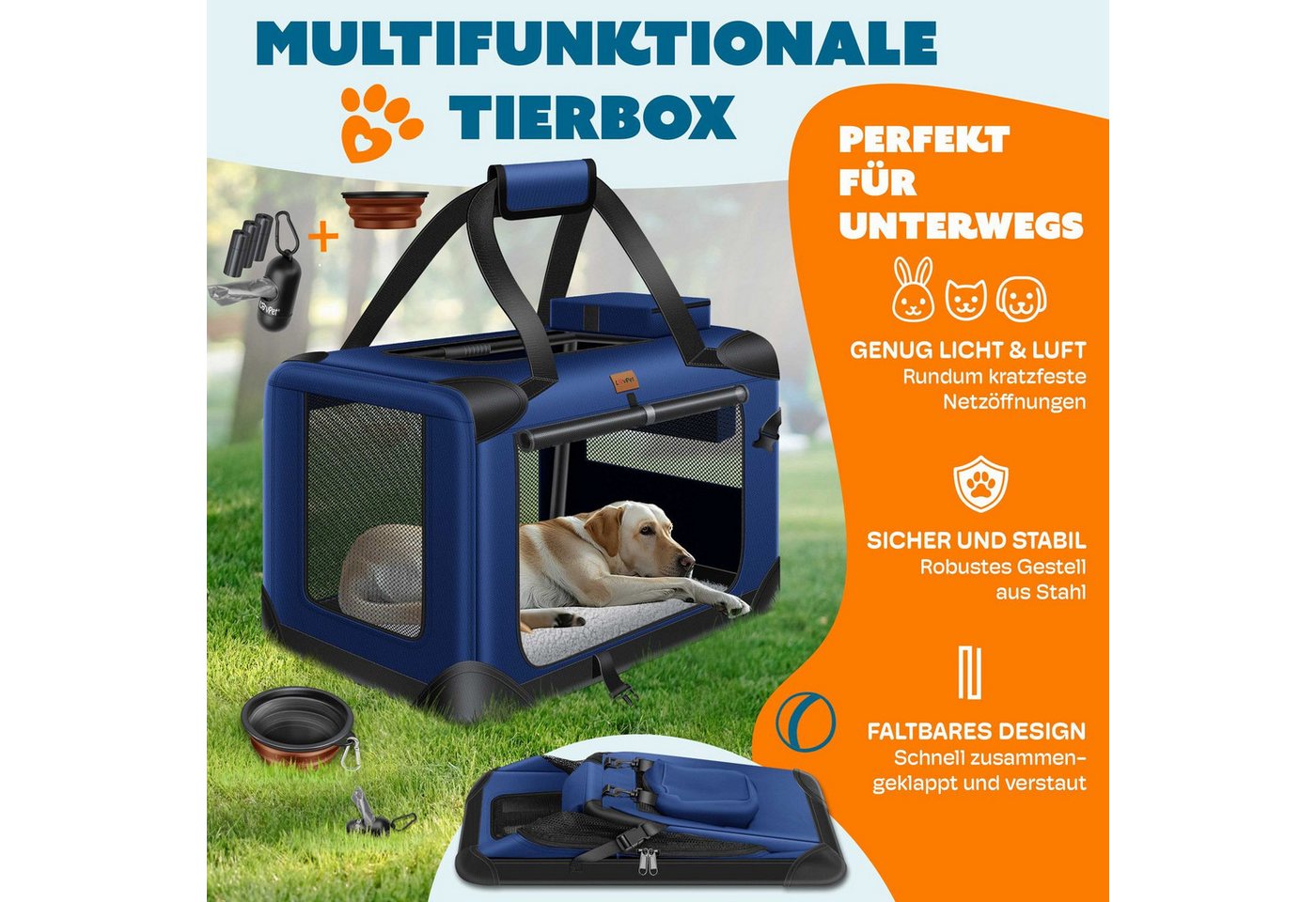 Thumbnail - Lovpet Tiertransportbox bis 7 kg, Hundebox Hundetransportbox faltbar Inkl.Hundenapf Transport