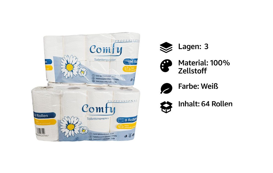 Lauroo Toilettenpapier Toilettenpapier Großpackung 3-lagig – 64 Rollen, 100% Zellstoff Weiß (64-St), 150 Blatt pro Rolle