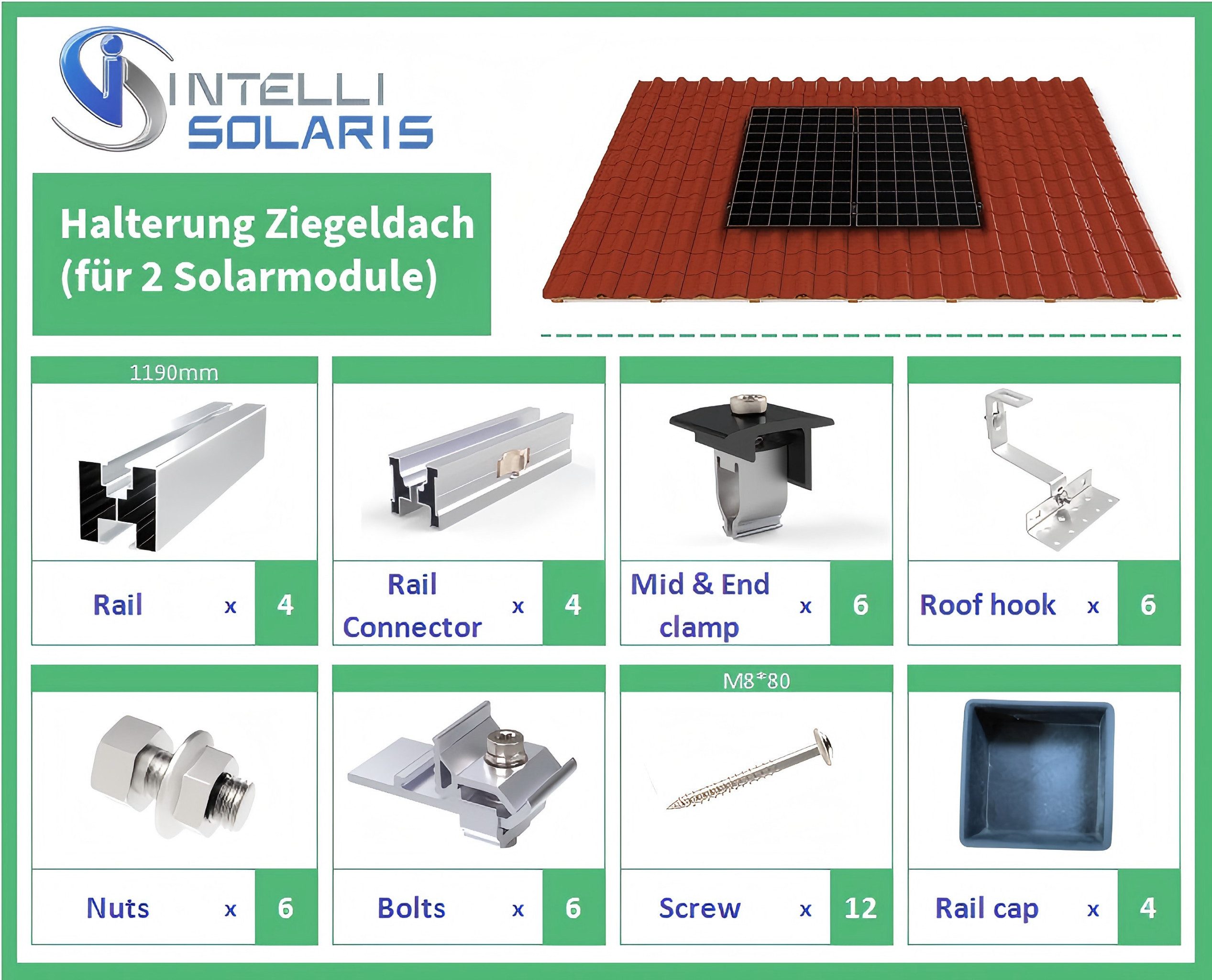 Intellisolaris Solarmodul Halterung und Befestigung für PV Photovoltaik Anlage an Ziegeldach