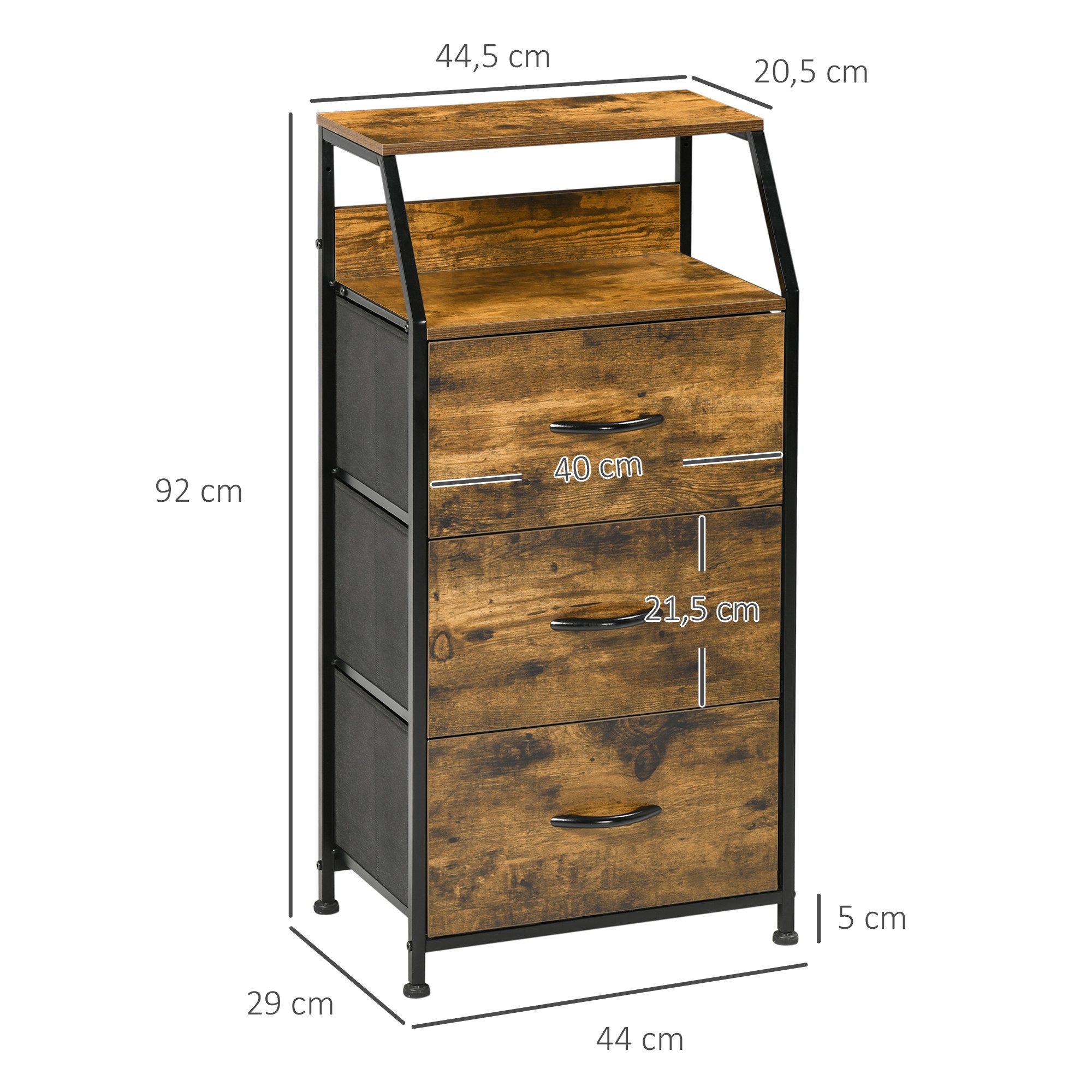 HOMCOM Kommode Aufbewahrungsschrank mit 3 Schubladen, Ablage mit Stahlgestell (Lagerschrank aus Stoff mit Ausstellungsregalen, 1 St., mit Regal, Griff), für Wohnzimmer, Schlafzimmer, Rustikal-Braun