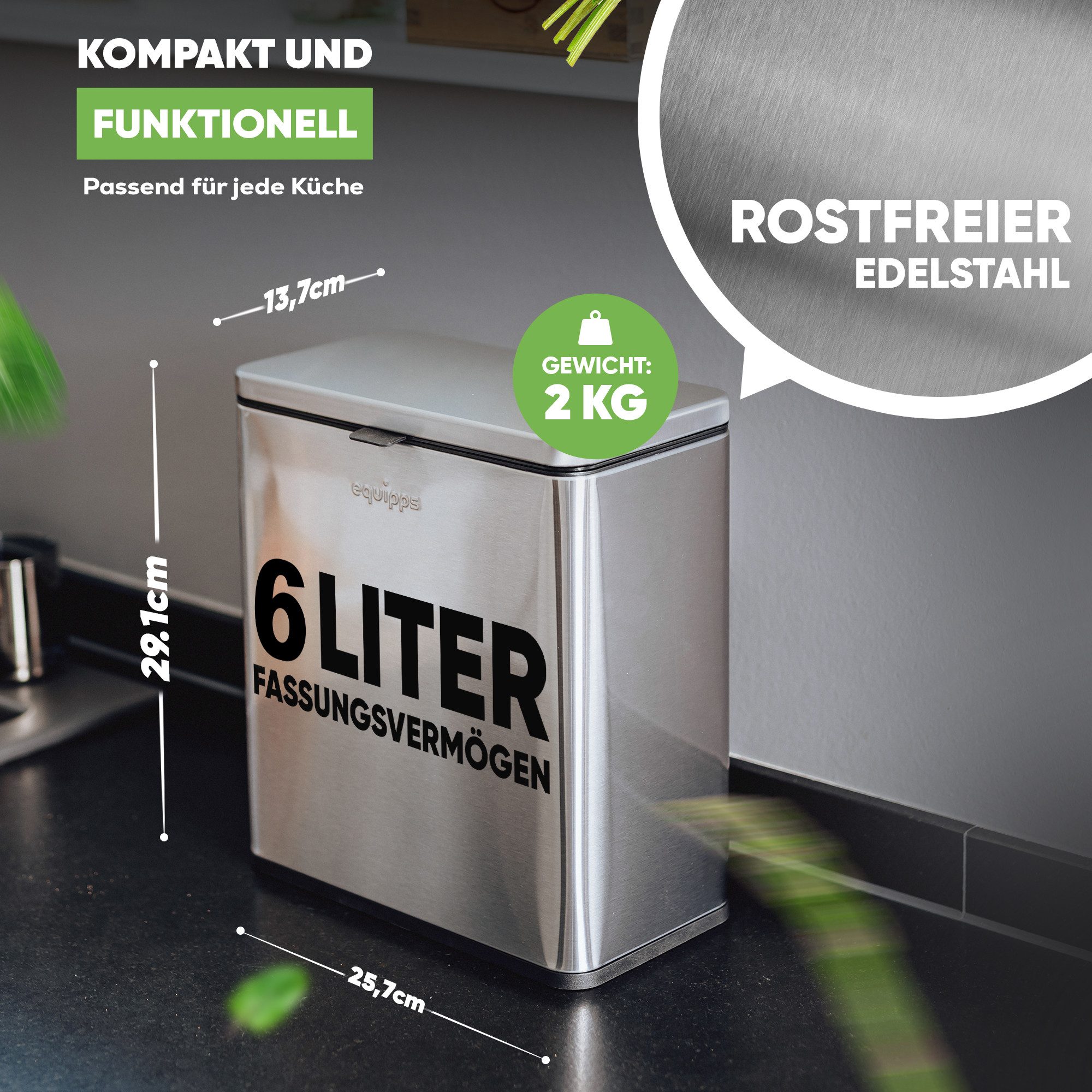 equipps Biomülleimer Biomülleimer mit Geruchsfilter 6L, Komposteimer Küche für Biomüll, mit Aktivkohlefilter, Schwingdeckel