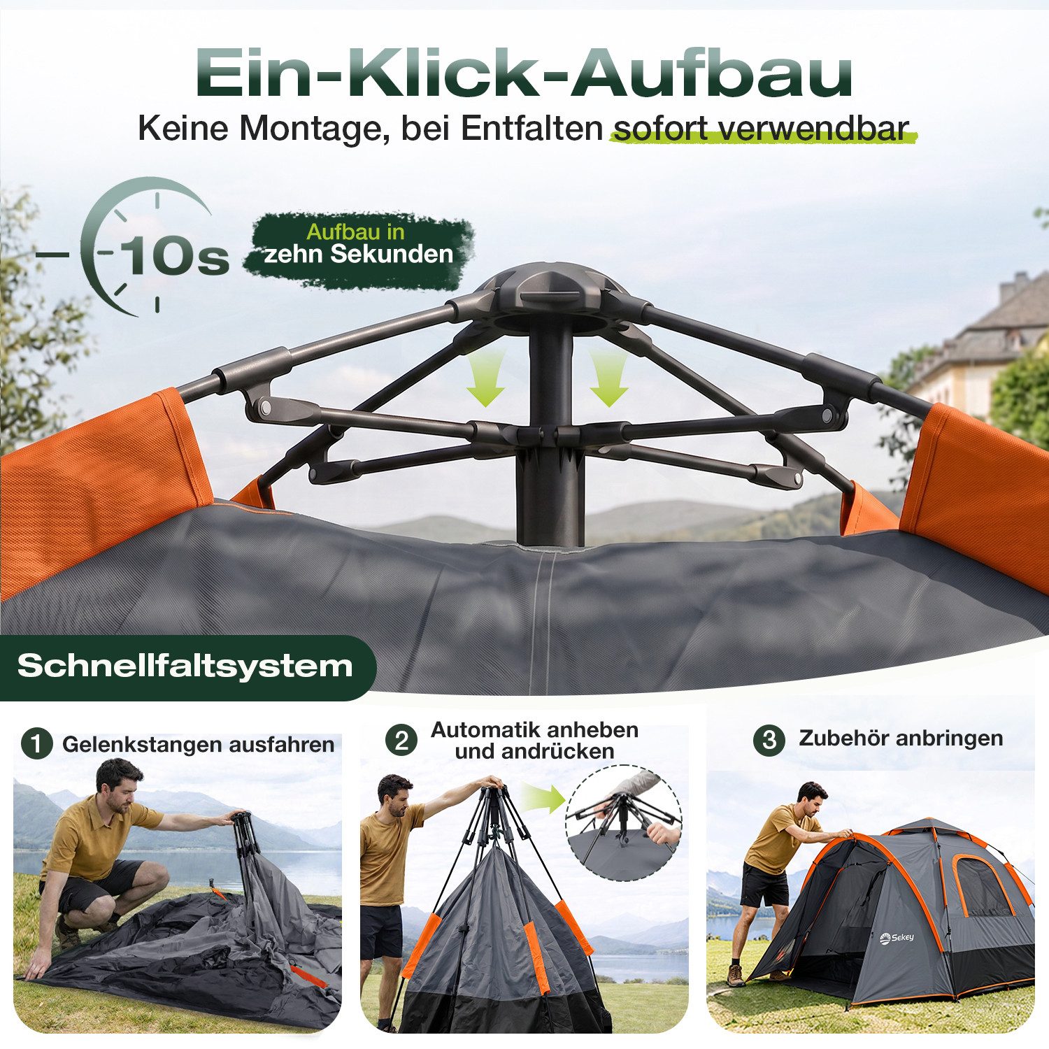 Sekey Kuppelzelt 3 in 1 Pop Up Campingzelt 4 Personen mit Vorzelt und Markise, Personen: 4, Pop up Kuppelzelte, Wasserdicht PU3000+ & UPF50+ Sonnenschutz