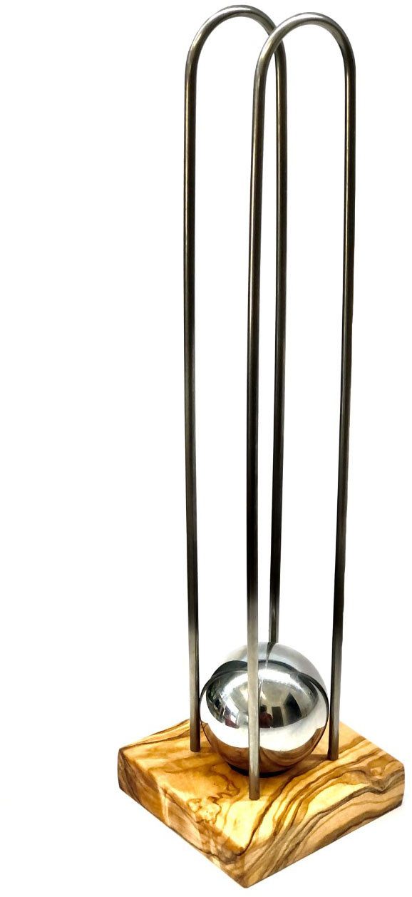 Olivenholz-erleben Nussknacker mit Edelstahl und Olivenholz, (2-tlg., Schwere Metallkugel, Olivenholz-Ständer mit Vertiefung für Nuss), Silbrige Kanonenkugel knackt die Nuss, Vertiefung im Brett