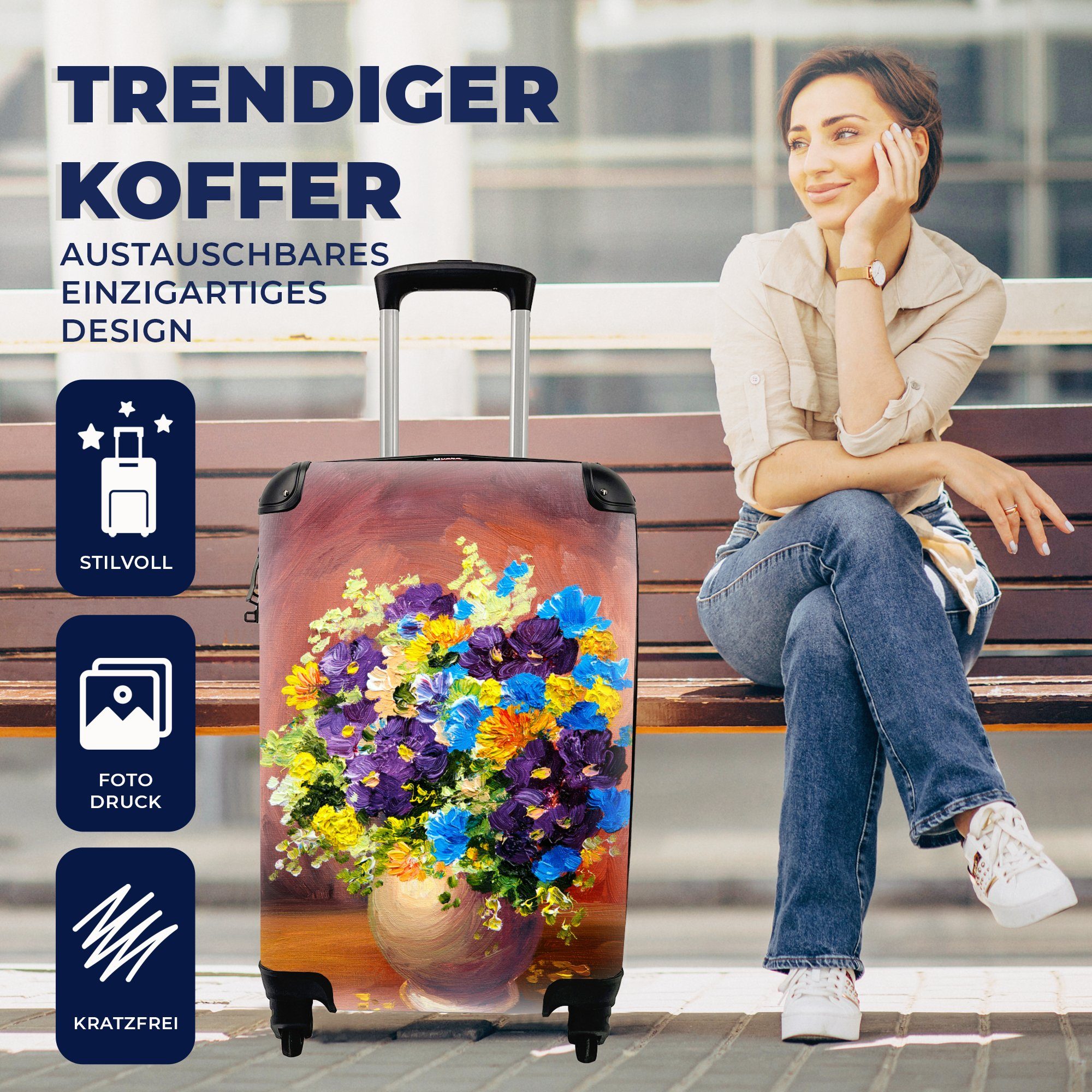 MuchoWow Handgepäckkoffer Blumenstrauß - Handgepäck 4 Reisetasche Ölfarbe, Rollen, mit - Reisekoffer für Trolley, Ferien, Frühling rollen