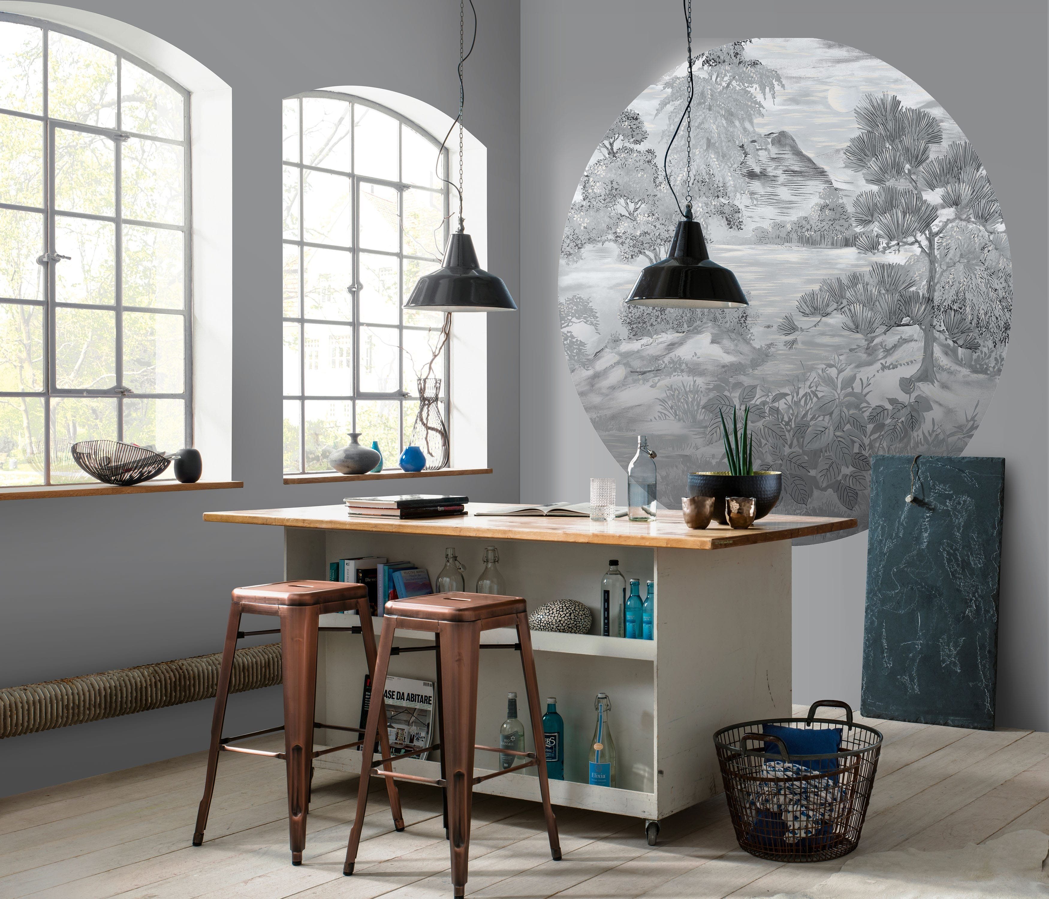 Newroom Vliestapete Circle Jungle Grey Tapete Mustertapete Dschungel,Bäume,Pflanzen, [ 1,4 x 1,4 m ] großzügiges Motiv - kein wiederkehrendes Muster - Fototapete Wandbild Dschungel Bäume Pflanzen Made in Germany, Blumentapete