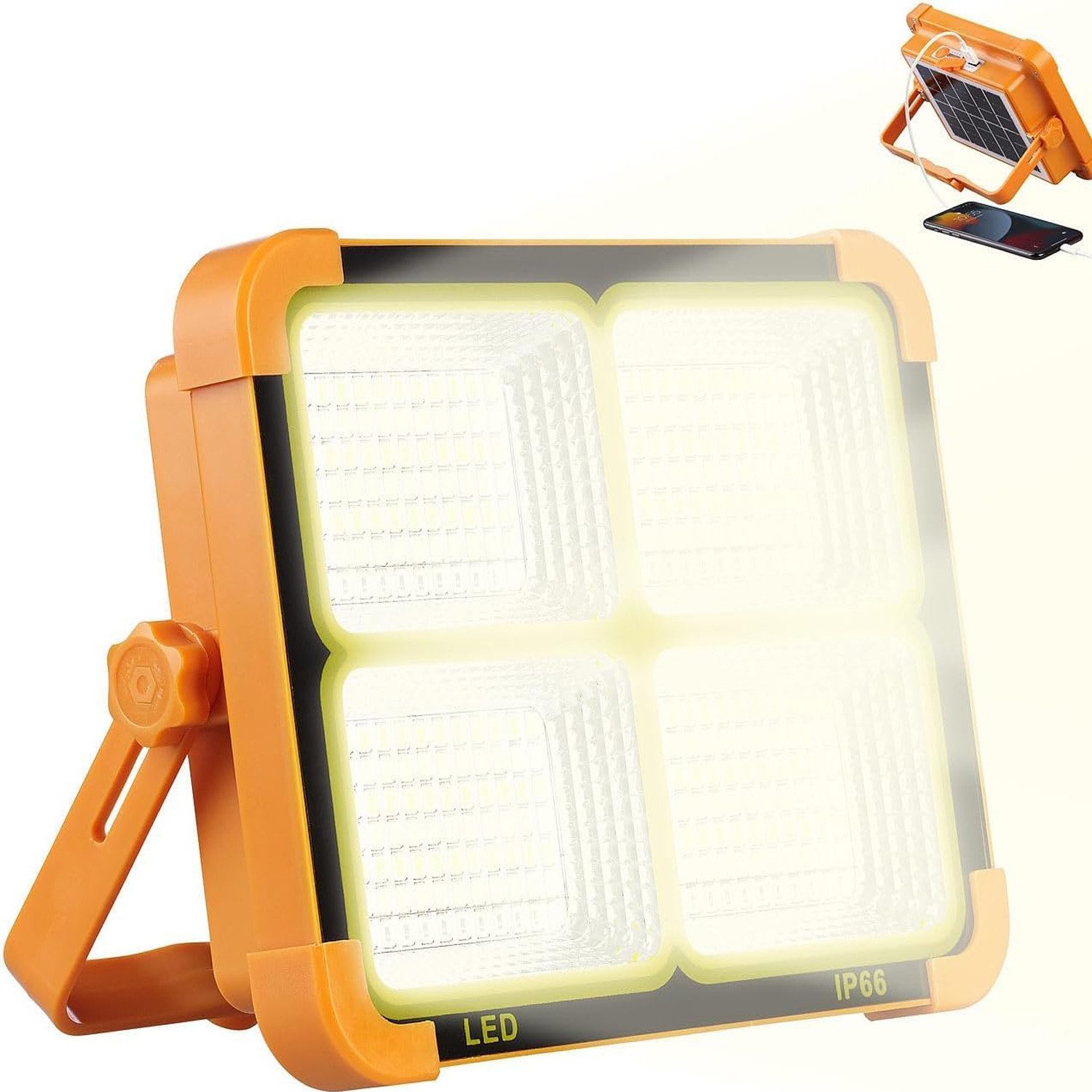 OKWISH LED Baustrahler Tragbar Solar Arbeitsleuchte Akku Strahler Campinglampe, spritzwassergeschützt 12000mAh 5 modi 10000 Lumen mit USB-Ladefunktion, LED fest integriert, warmes Licht, weißes Licht, warmes und weiß Warnblitz, Garage Camping Angeln Notfall Werkstatt Baustelle Außen Beleuchtung ..