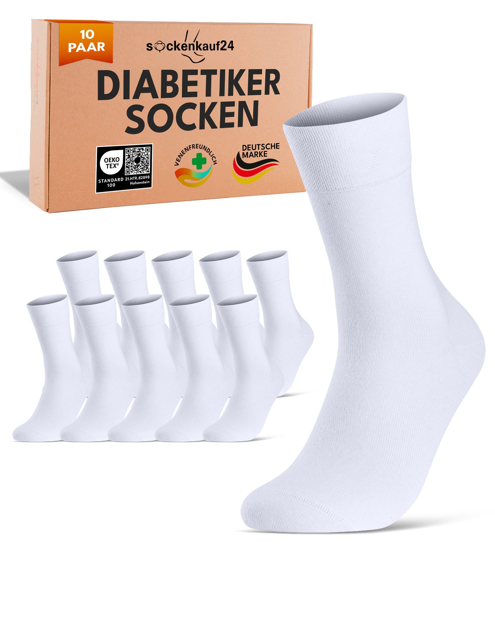 sockenkauf24 Diabetikersocken ohne Gummibund & ohne Naht aus Baumwolle (10-Paar) Diabetiker Socken mit Komfortbund ohne Gummi für Damen & Herren