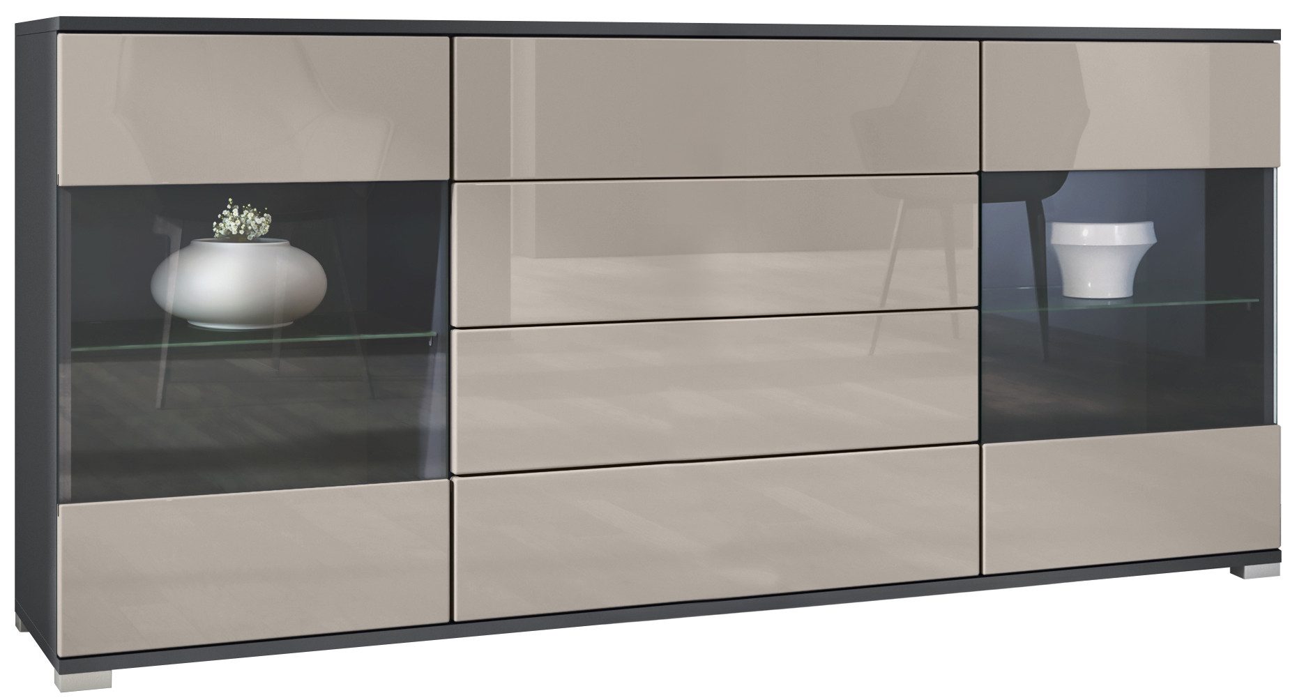 Vladon Sideboard Bari V2 (Kommode mit 2 Türen, 4 Schubladen und 2 flexible Glaseinlegeböden), Anthrazit matt/Sandgrau Hochglanz (166,5 x 75,5 x 35)