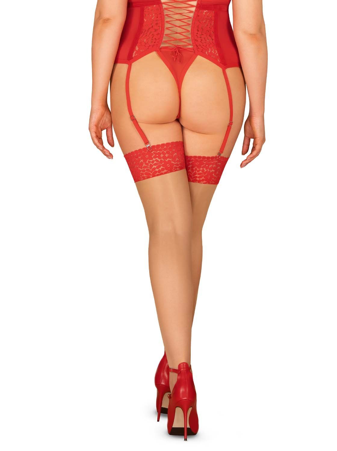 Obsessive Halterlose Strümpfe Strapsstrümpfe Blossmina beige-rot in Übergrößen (1-Paar)