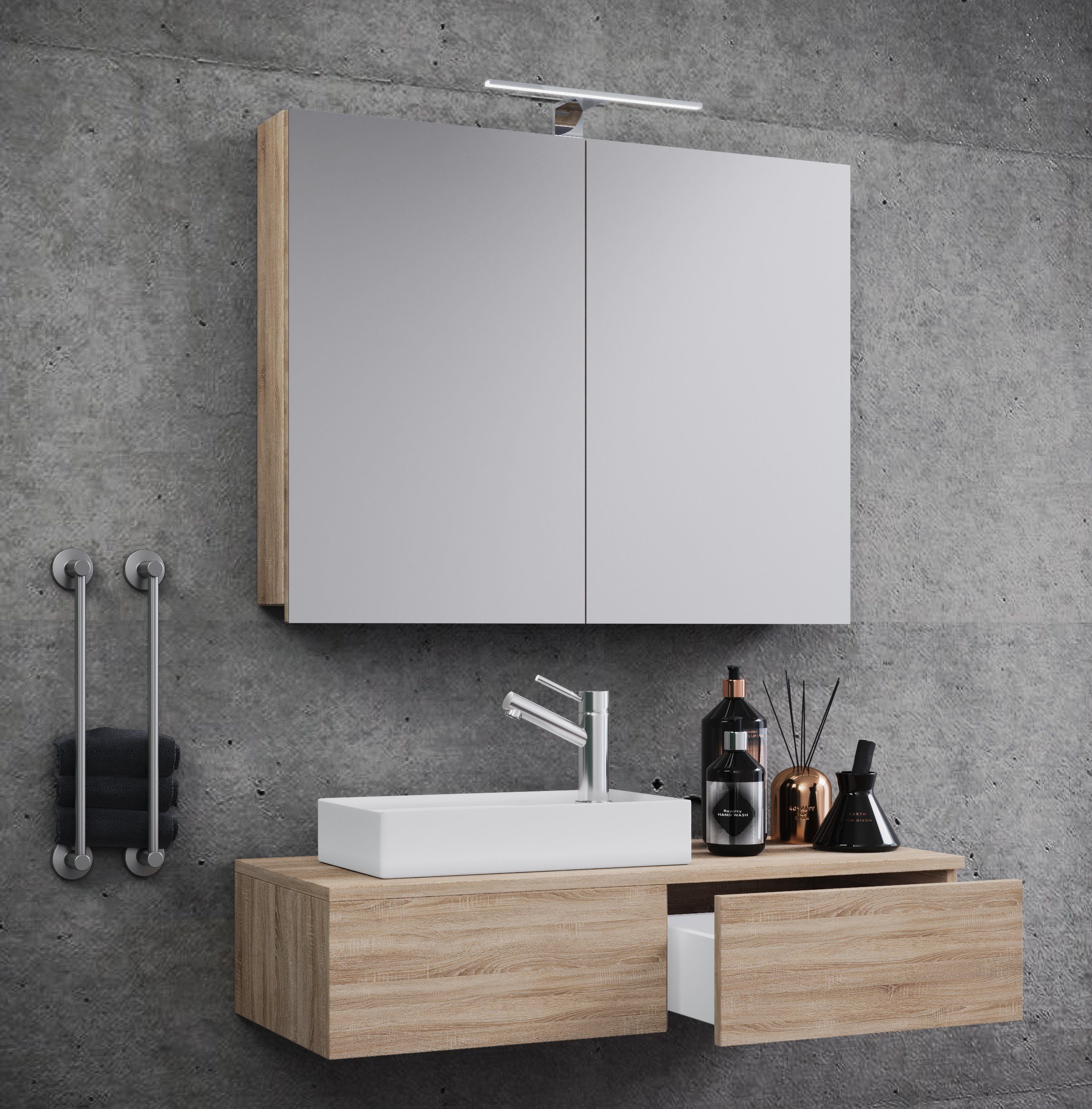 VCM Badmöbel-Set 3 teilig Badmöbel Gäste WC Waschtisch Gudas, (Komplett-Set, 3-St., 1x Unterschrank 1x Waschbecken 1x Spiegelschrank)