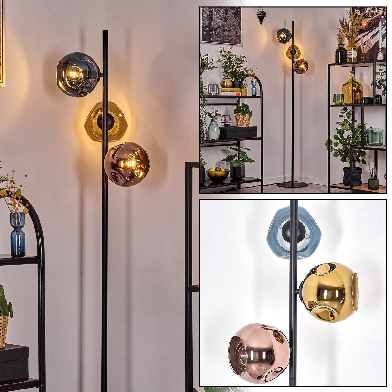 hofstein Stehlampe Stehlampe aus Metall/Glas in Schwarz/Blau/Gold-/Kupferfarben, Stehleuchte Retro/Vintage, Ø Schirme 15 cm, Fußschalter, 170 cm, E14
