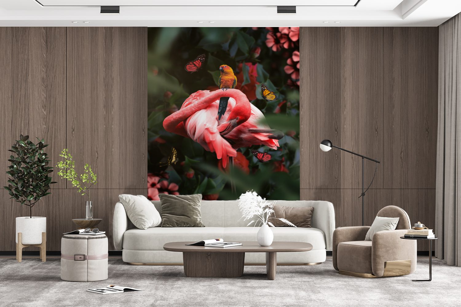 Fototapete bedruckt, Pflanzen, Dschungel - Wohnzimmer, Montagefertig für (3 Vogel St), Tapete Vinyl - Matt, Wandtapete MuchoWow - Flamingo