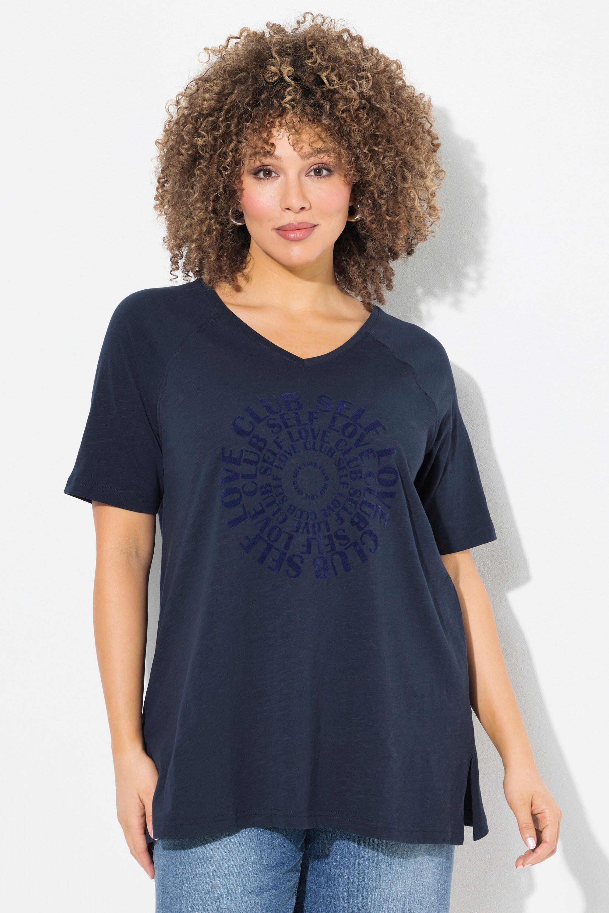 Ulla Popken T-Shirt T-Shirt Flockdruck V-Ausschnitt Raglan-Halbarm günstig online kaufen