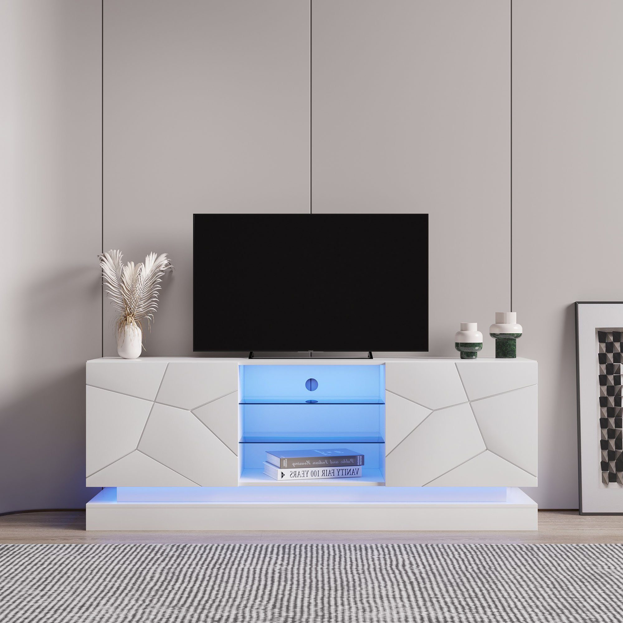 Merax TV-Schrank mit verstellbaren Einlegeböden Hochglanz mit LED-Beleuchtung, Lowboard mit Glasablagen, Breite: 160cm
