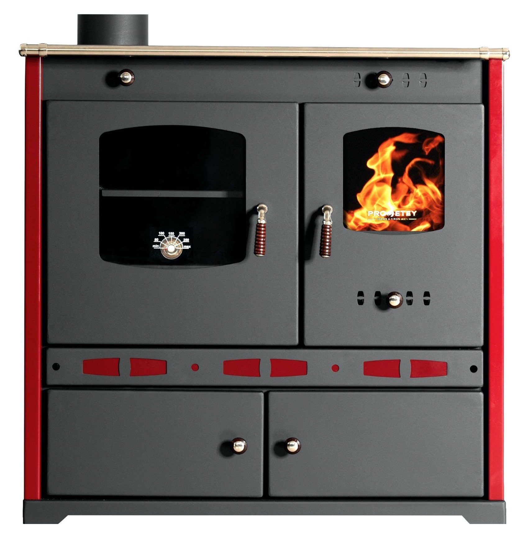 Prometey Kaminofen Holzofen mit Kamin, 7,38 Links Lux und Eco kW Rot Perfect Herdplatte Backfach