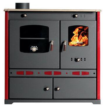 Prometey Kaminofen mit Backfach und Herdplatte Perfect Eco Lux Rot Links Holzofen Kamin, 7,38 kW