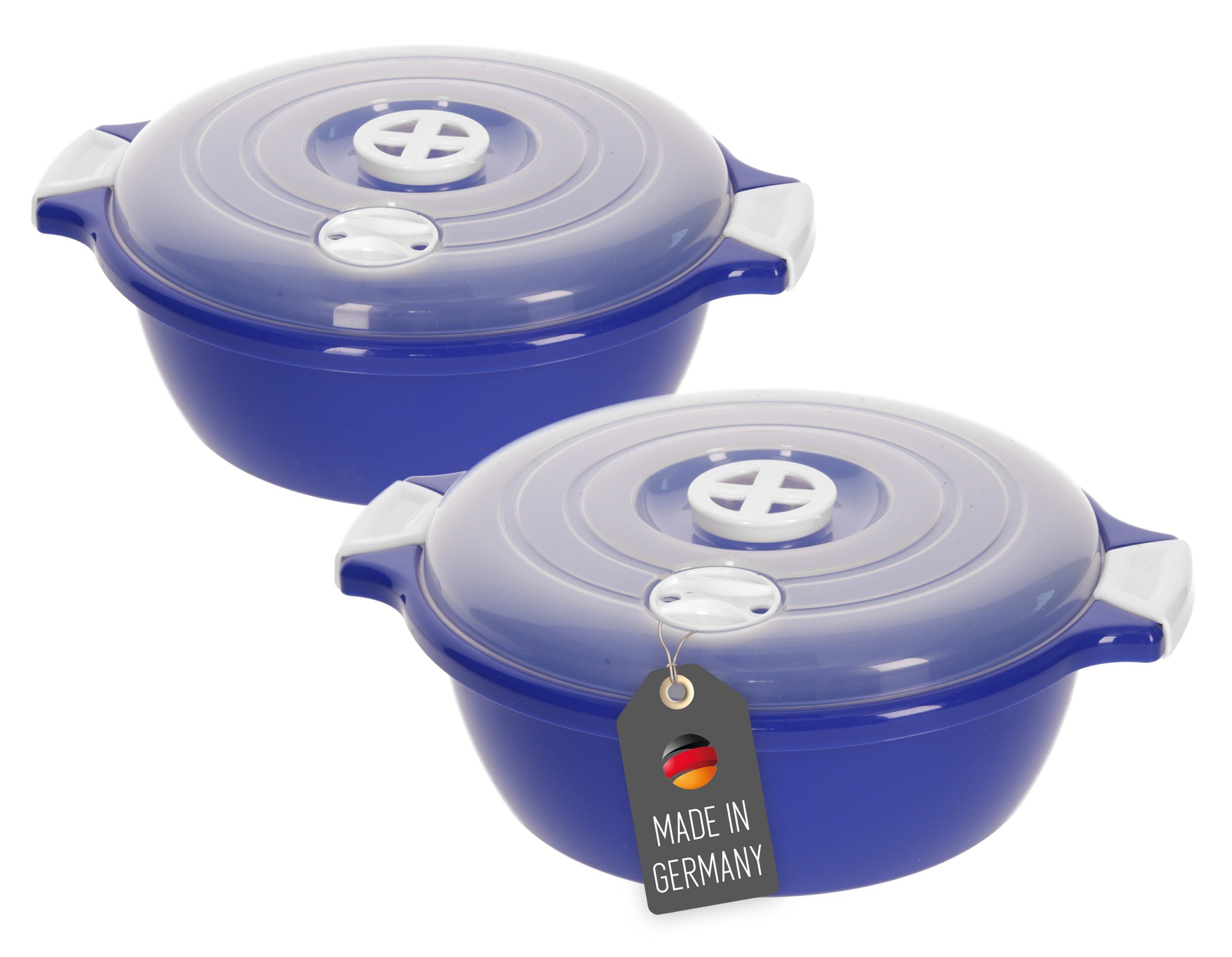 Lantelme Mikrowellenbehälter Mikrowellenschüssel Set rund Mikrowellen Picknick Schüssel, lebensmittelecht, (Spar-Set, 2-tlg., 2 Stück Set Mikrowellenschüssel Volumen 1,8 Liter Volumen), mit Deckel und Dampfventil, Deutsche Herstellung