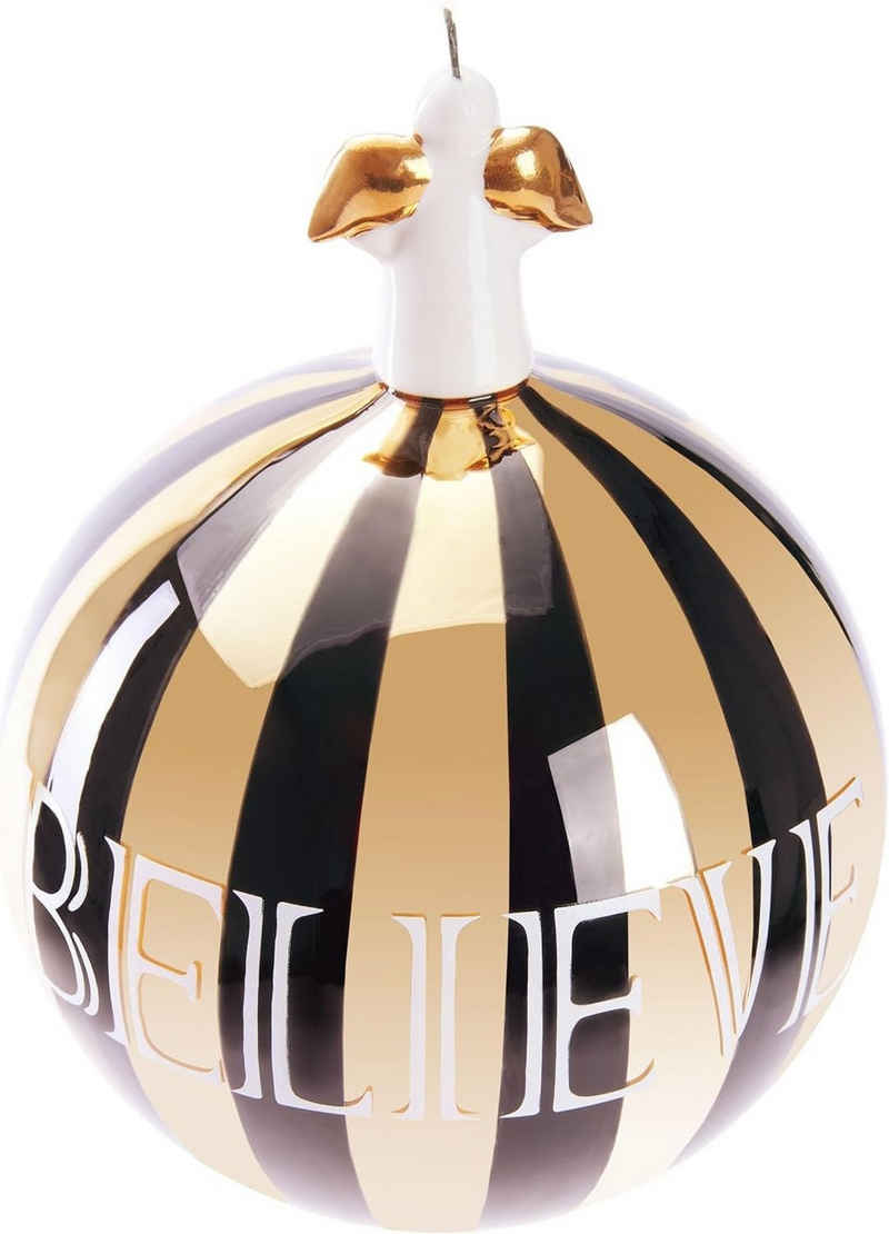 BRUBAKER Weihnachtsbaumkugel Premium Weihnachtskugel Believe Gold Schwarz - 10cm Baumkugel aus Glas (1 St), Christbaumschmuck mit Engel Porzellan-Figur - Christbaumkugel aus Glas