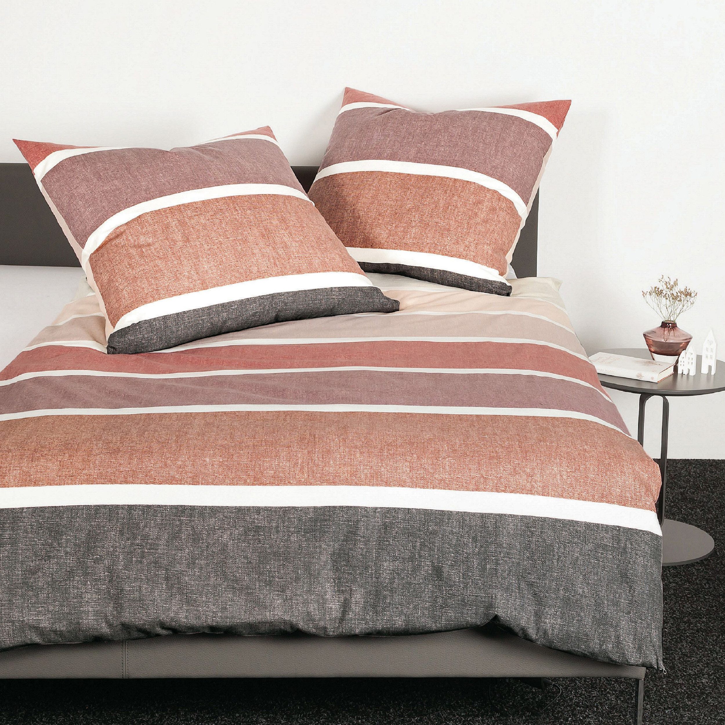 Traumschloss Bettwäsche Premium Baumwolle, Flanell, 2 teilig, Streifen, verschiedene Rosatöne, weiß, anthrazit