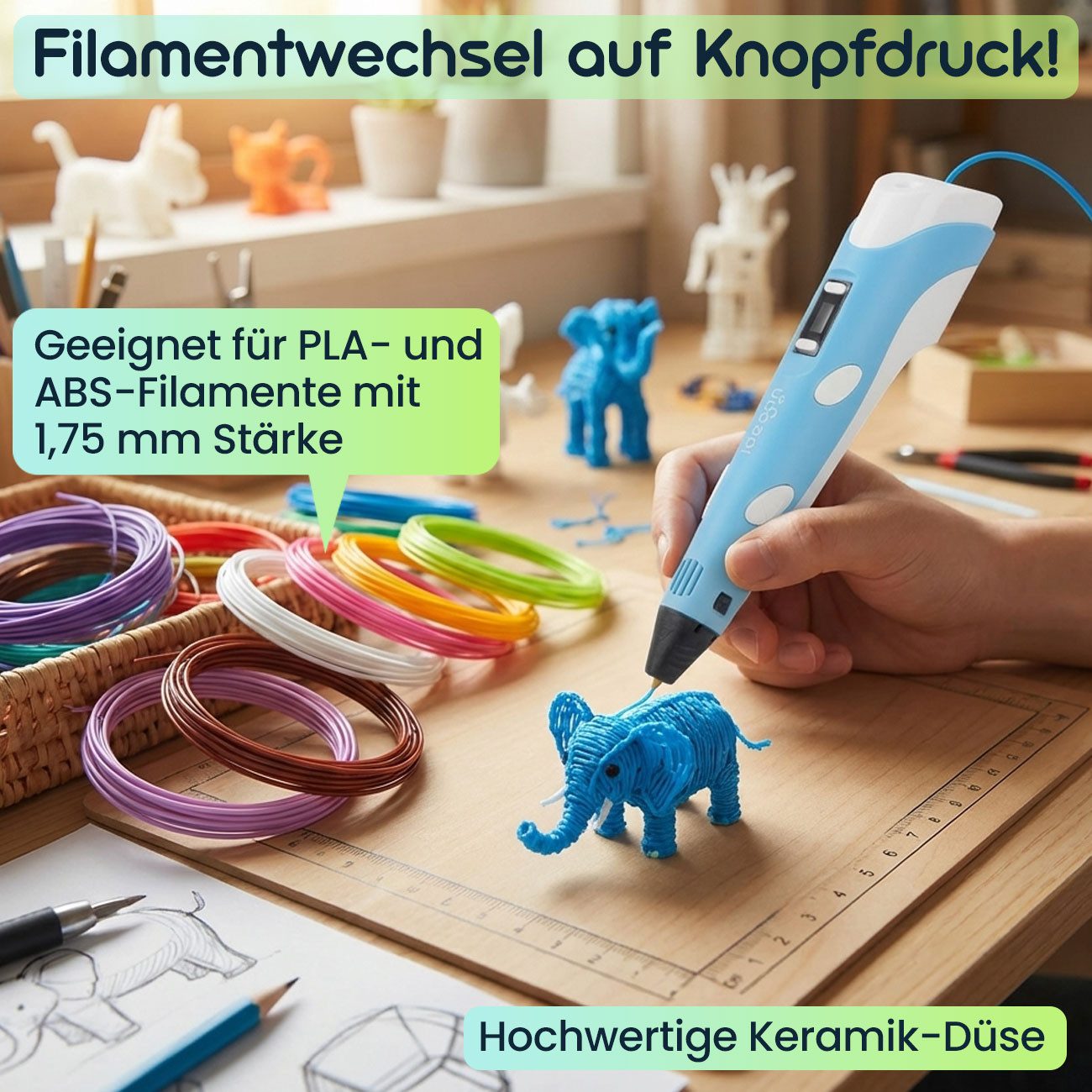shop'n smile ideoon 3D-Drucker-Stift 3D-Drucker-Stift Set mit USB 3D-Stift inkl. 20 bunten PLA-Filamenten, Keramik-Düse, 170-235°C, inkl. 20x 5m PLA-Filament &  – Bild 4 von 5