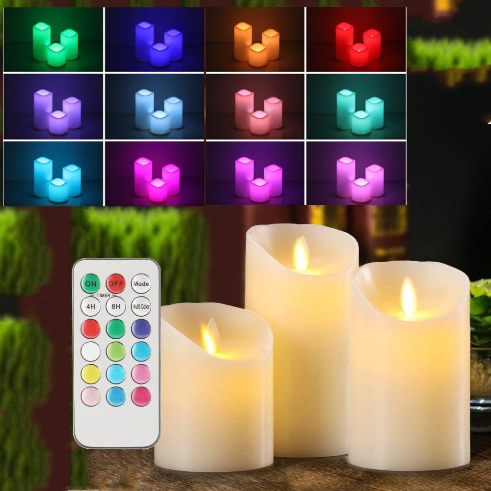 LETGOSPT LED-Kerze LED Kerzen, flammenlose Kerzen, Elektrische Kerzen mit  Flackerndem, 18-Tasten Fernbedienung mit Timer, 3er Set