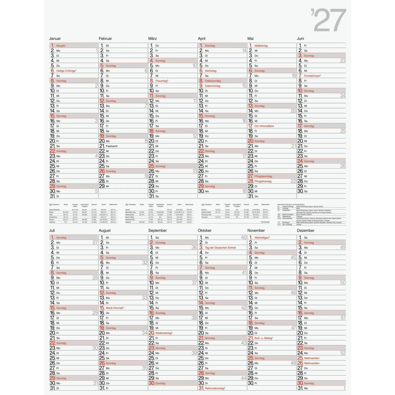 Baier & Schneider Plakatkalender rido/idé 7033665007 Plakatkalender Mod. Vertikal 2027 700×900 mm